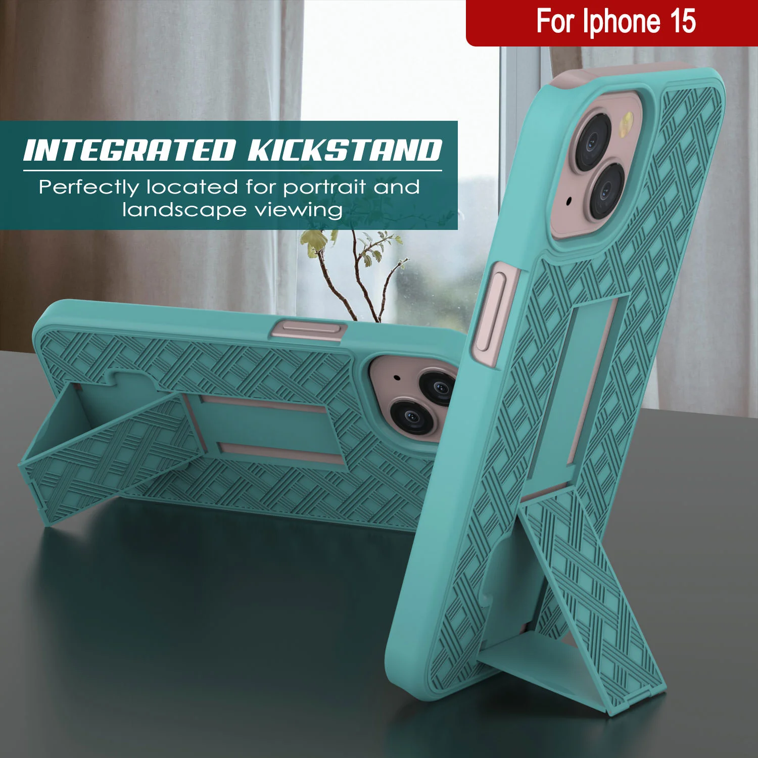 iPhone 15 Case With Tempered Glass Screen Protector, Holster Belt Clip & Built-In Kickstand [Teal]