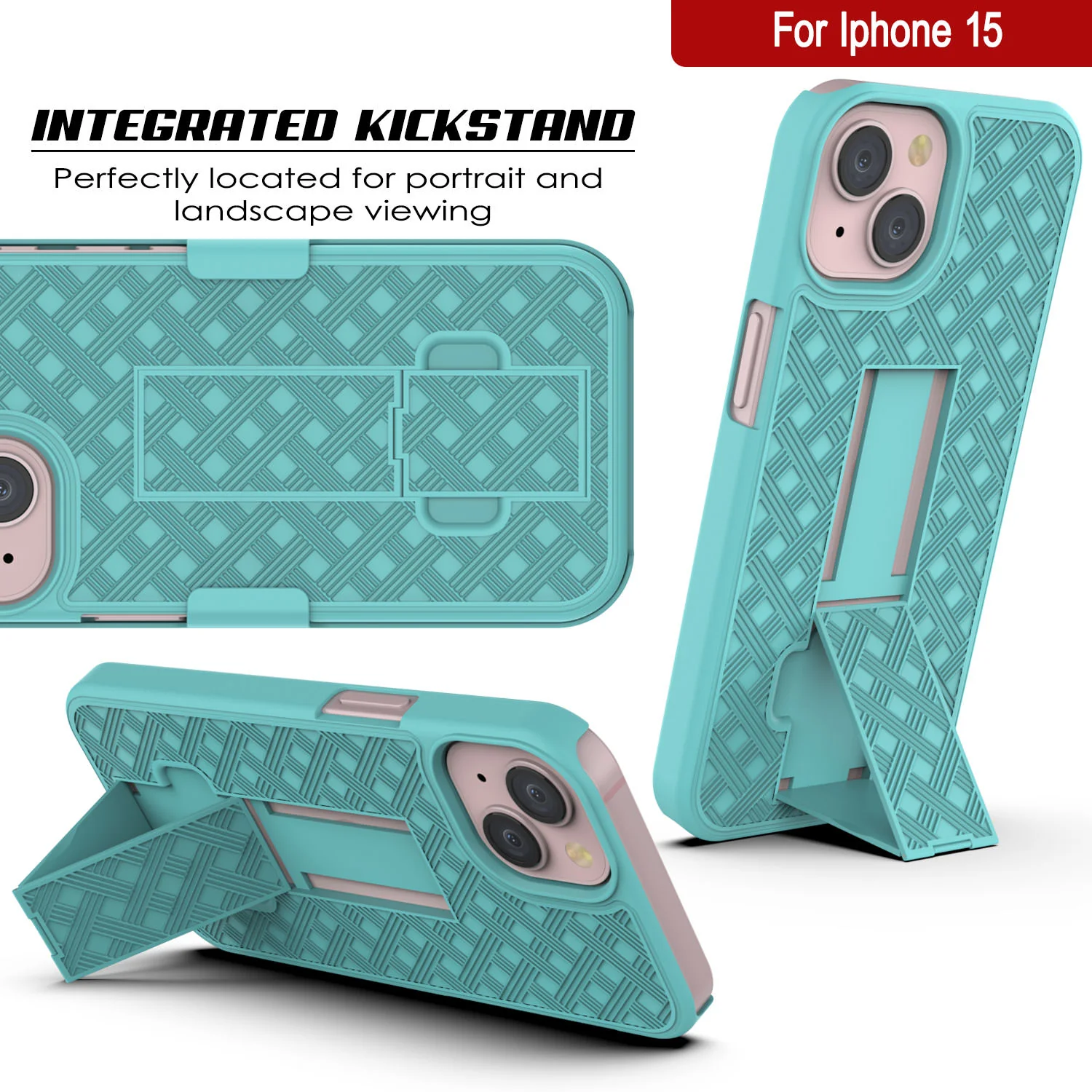 iPhone 15 Case With Tempered Glass Screen Protector, Holster Belt Clip & Built-In Kickstand [Teal]