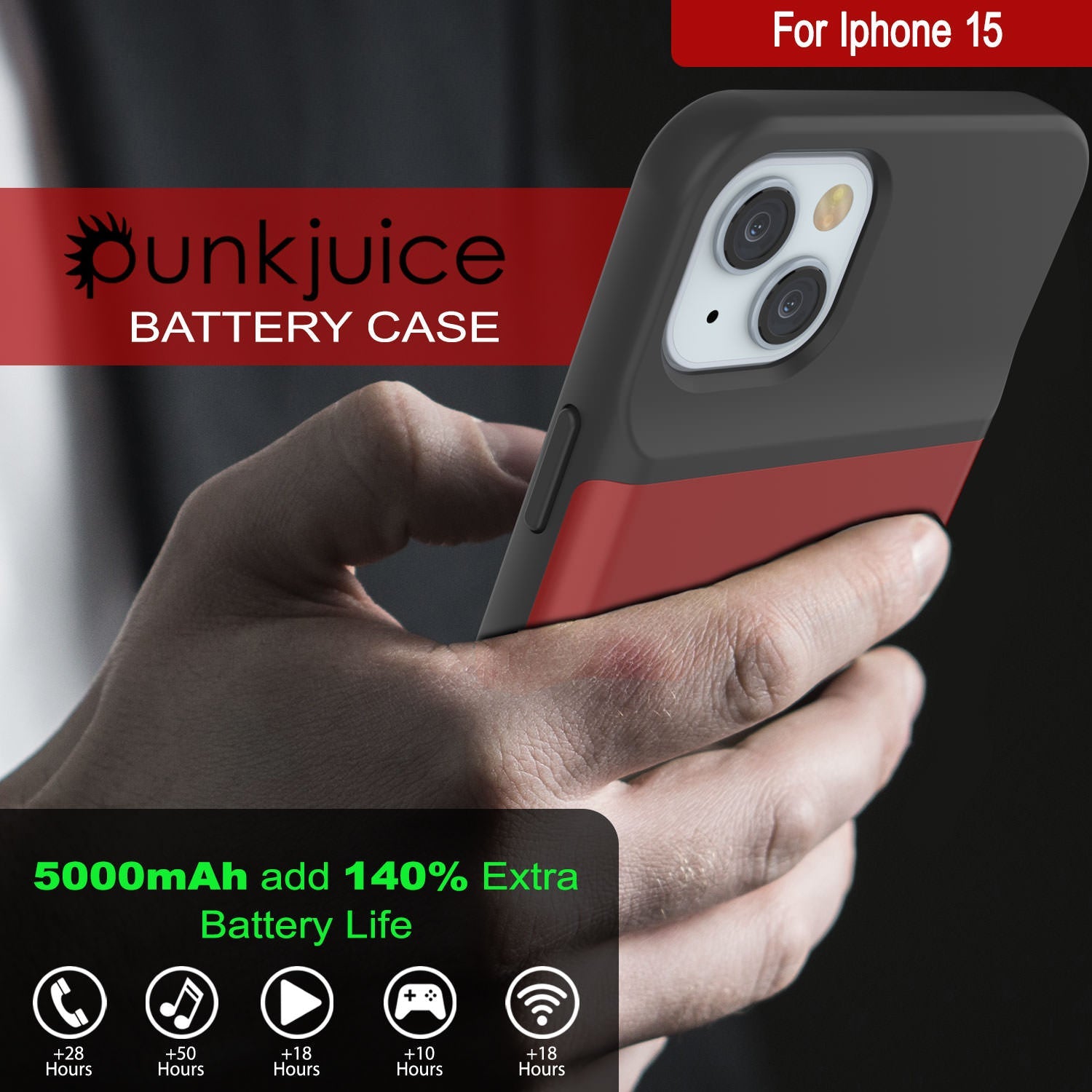 iPhone 15 Battery Case, PunkJuice 5000mAH Fast Charging Power Bank W/ Screen Protector | [Red]