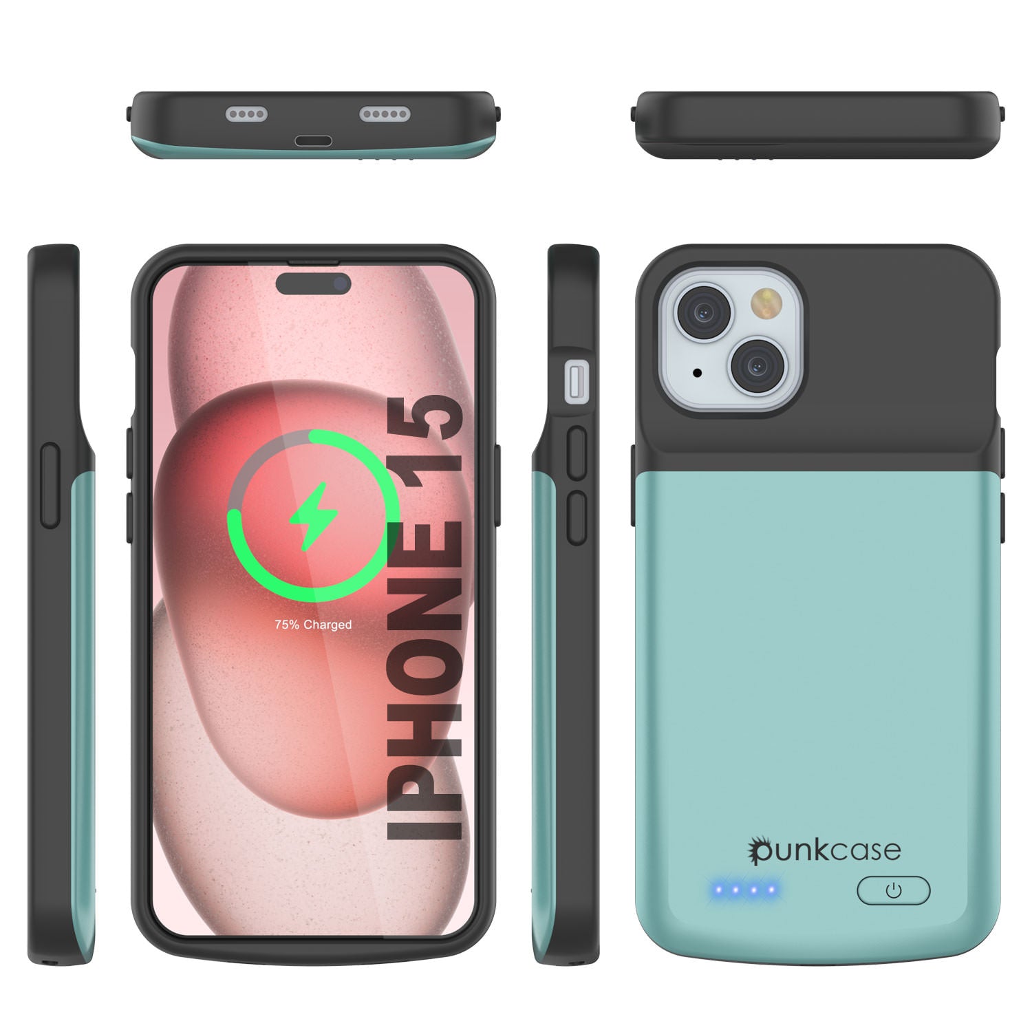 iPhone 15 Battery Case, PunkJuice 5000mAH Fast Charging Power Bank W/ Screen Protector | [Teal]
