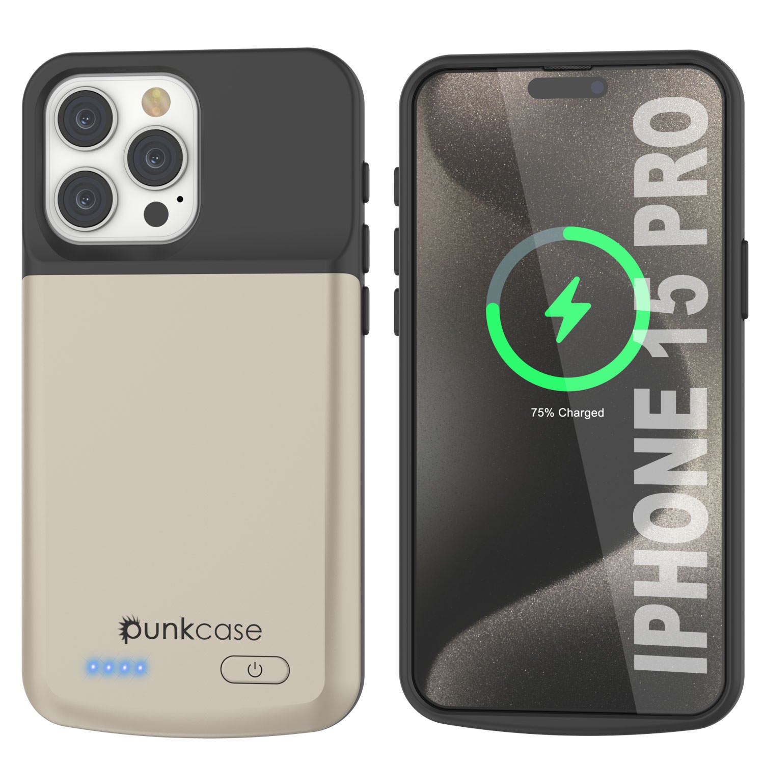 iPhone 15 Pro Battery Case, PunkJuice 5000mAH Fast Charging Power Bank W/ Screen Protector | [Gold]