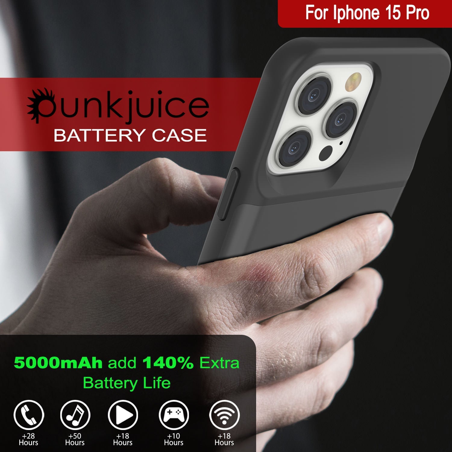 iPhone 15 Pro Battery Case, PunkJuice 5000mAH Fast Charging Power Bank W/ Screen Protector | [Grey]