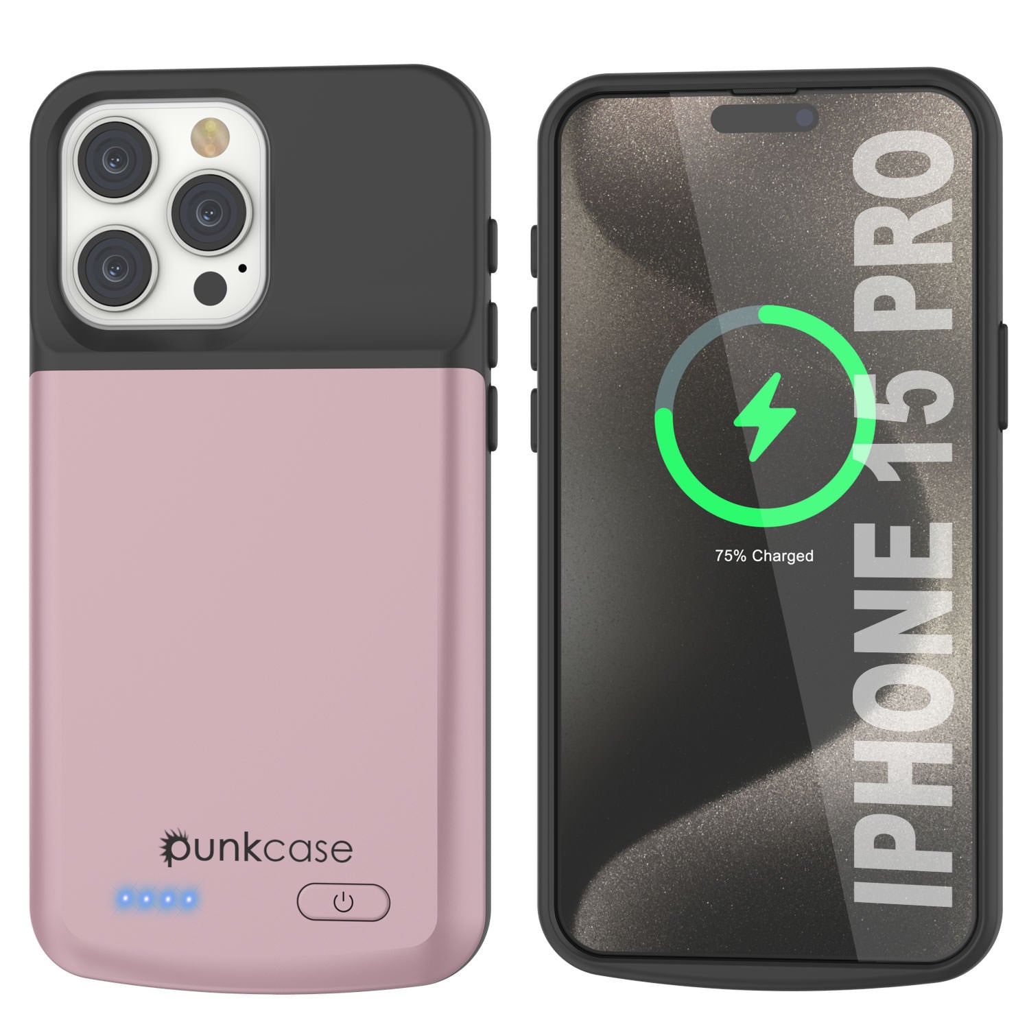 iPhone 15 Pro Battery Case, PunkJuice 5000mAH Fast Charging Power Bank W/ Screen Protector | [Rose-Gold]