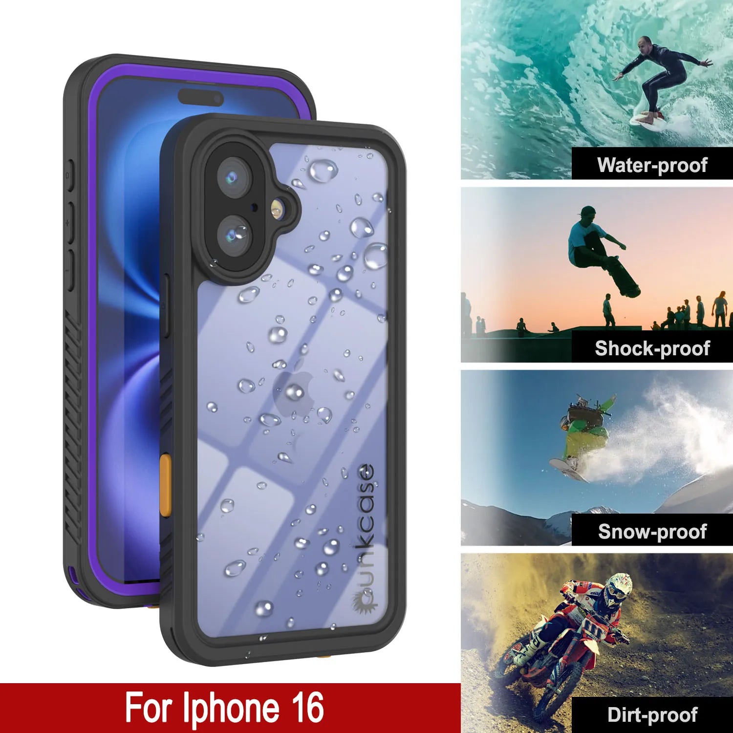 iPhone 16 Waterproof Case, Punkcase [Extreme Series] Armor Cover W/ Built In Screen Protector [Purple]