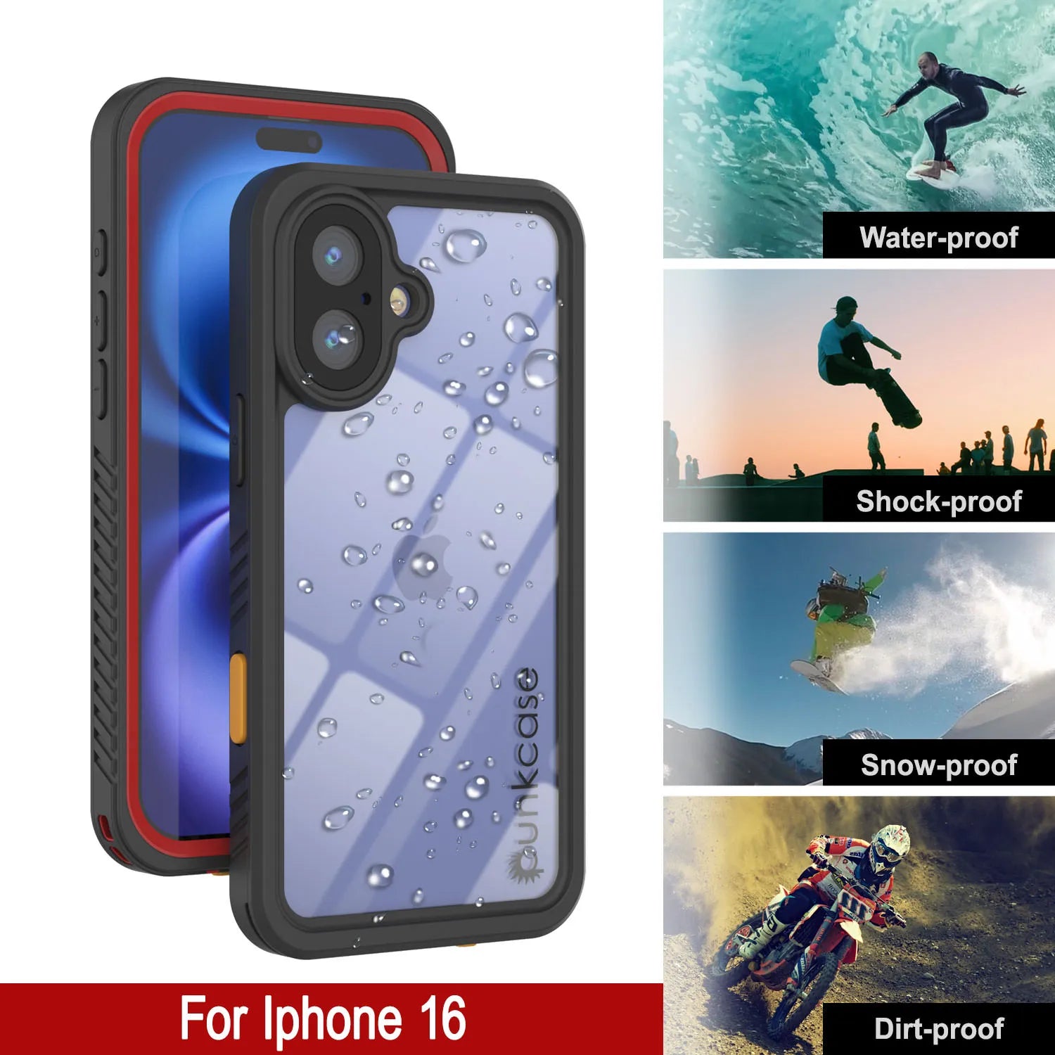 iPhone 16 Waterproof Case, Punkcase [Extreme Series] Armor Cover W/ Built In Screen Protector [Red]