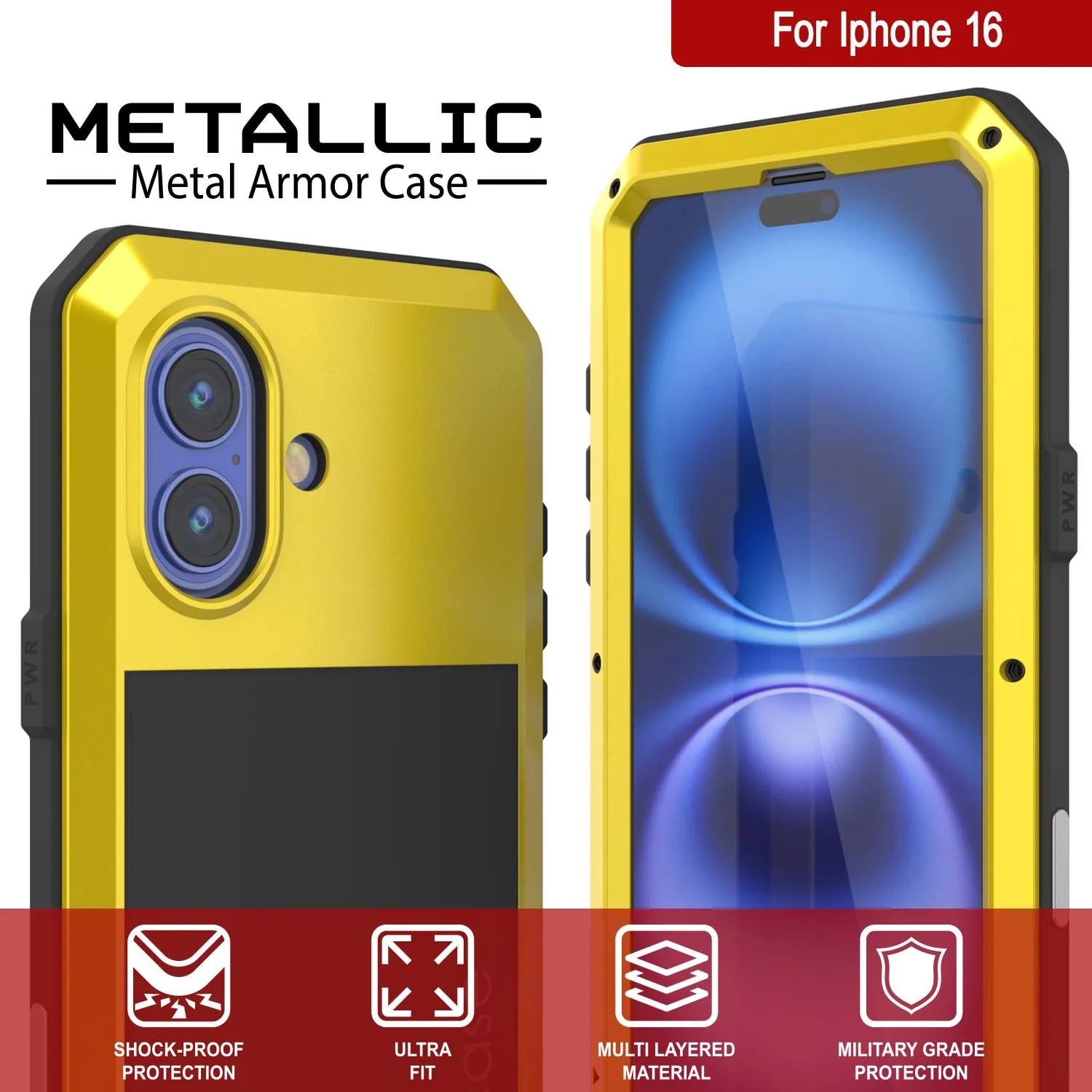 iPhone 16 Metal Case, Heavy Duty Military Grade Armor Cover [shock proof] Full Body Hard [Yellow]