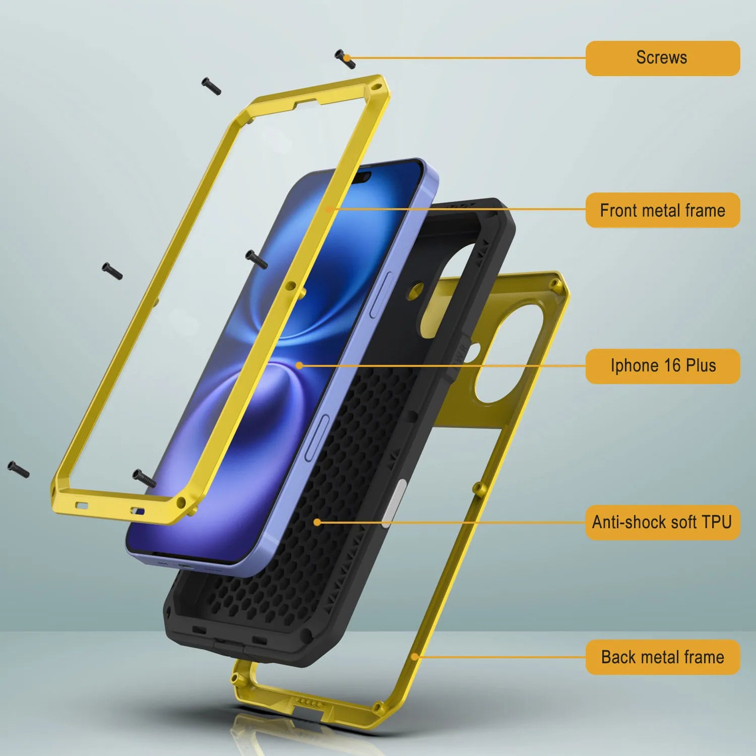 iPhone 16 Plus Metal Case, Heavy Duty Military Grade Armor Cover [shock proof] Full Body Hard [Yellow]