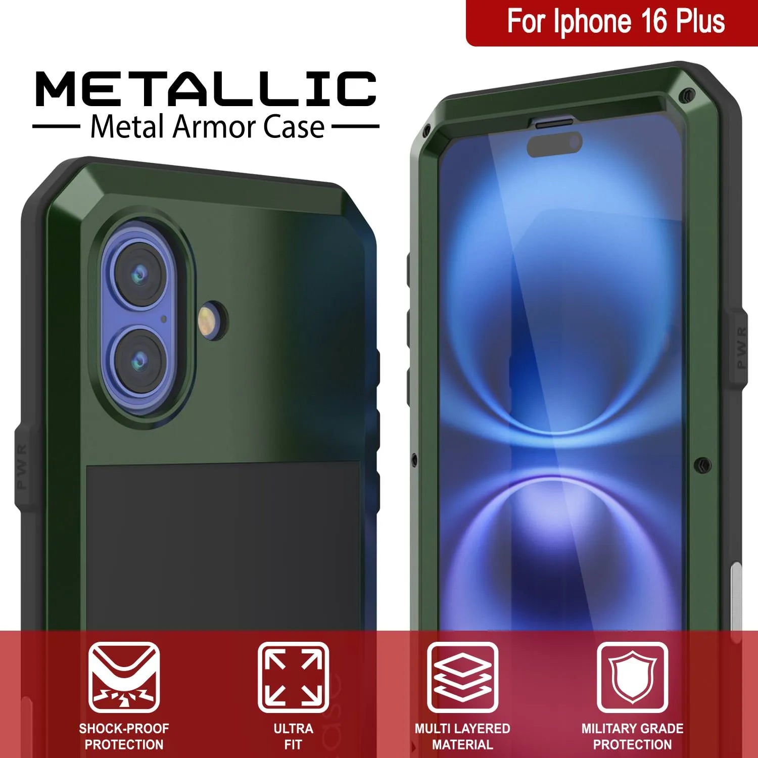 iPhone 16 Plus Metal Case, Heavy Duty Military Grade Armor Cover [shock proof] Full Body Hard [Dark Green]