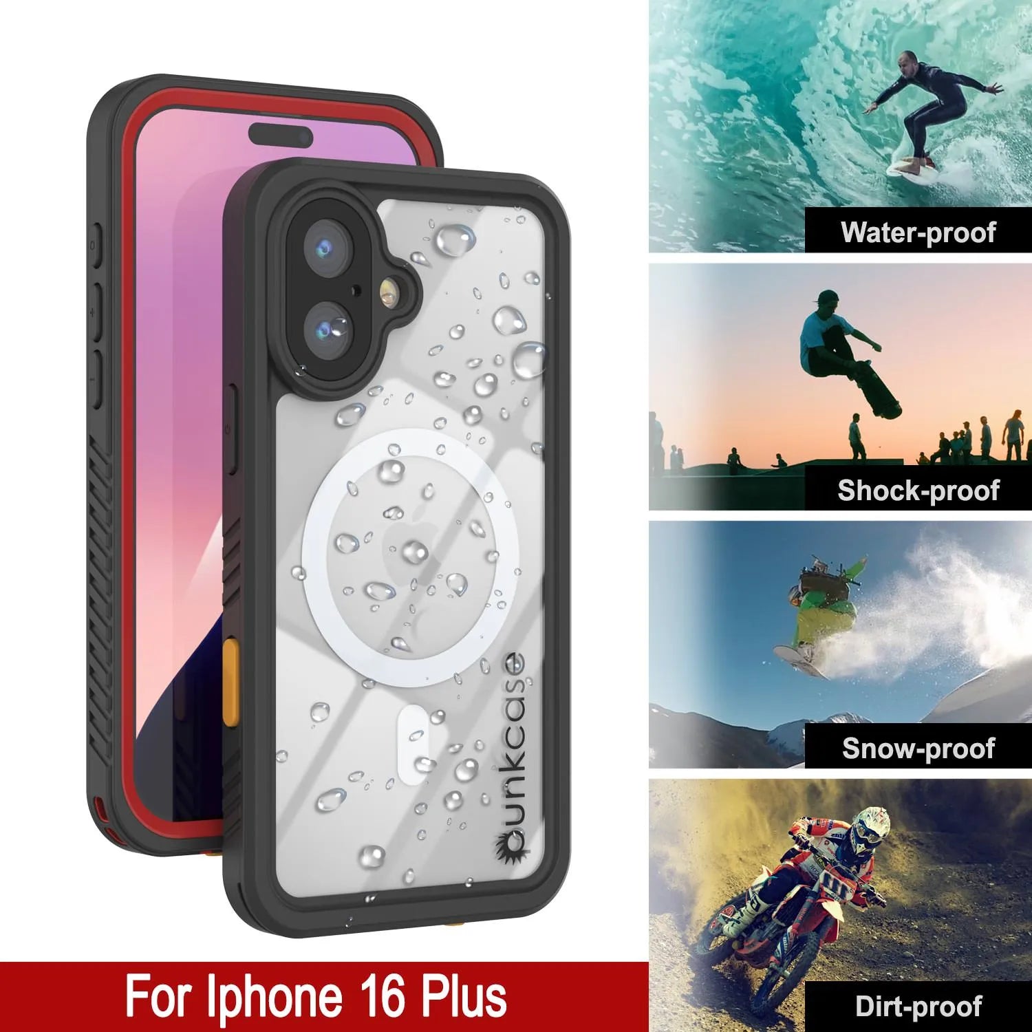 iPhone 16 Plus Waterproof Case, Punkcase [Extreme Mag Series] Armor Cover W/ Built In Screen Protector [Red]