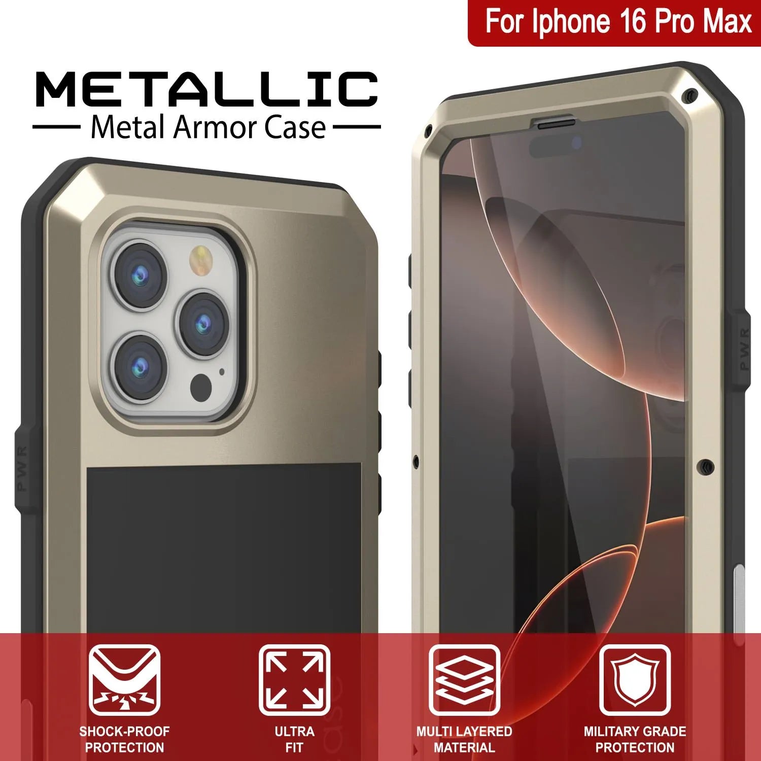 iPhone 16 Pro Max Metal Case, Heavy Duty Military Grade Armor Cover [shock proof] Full Body Hard [Gold]