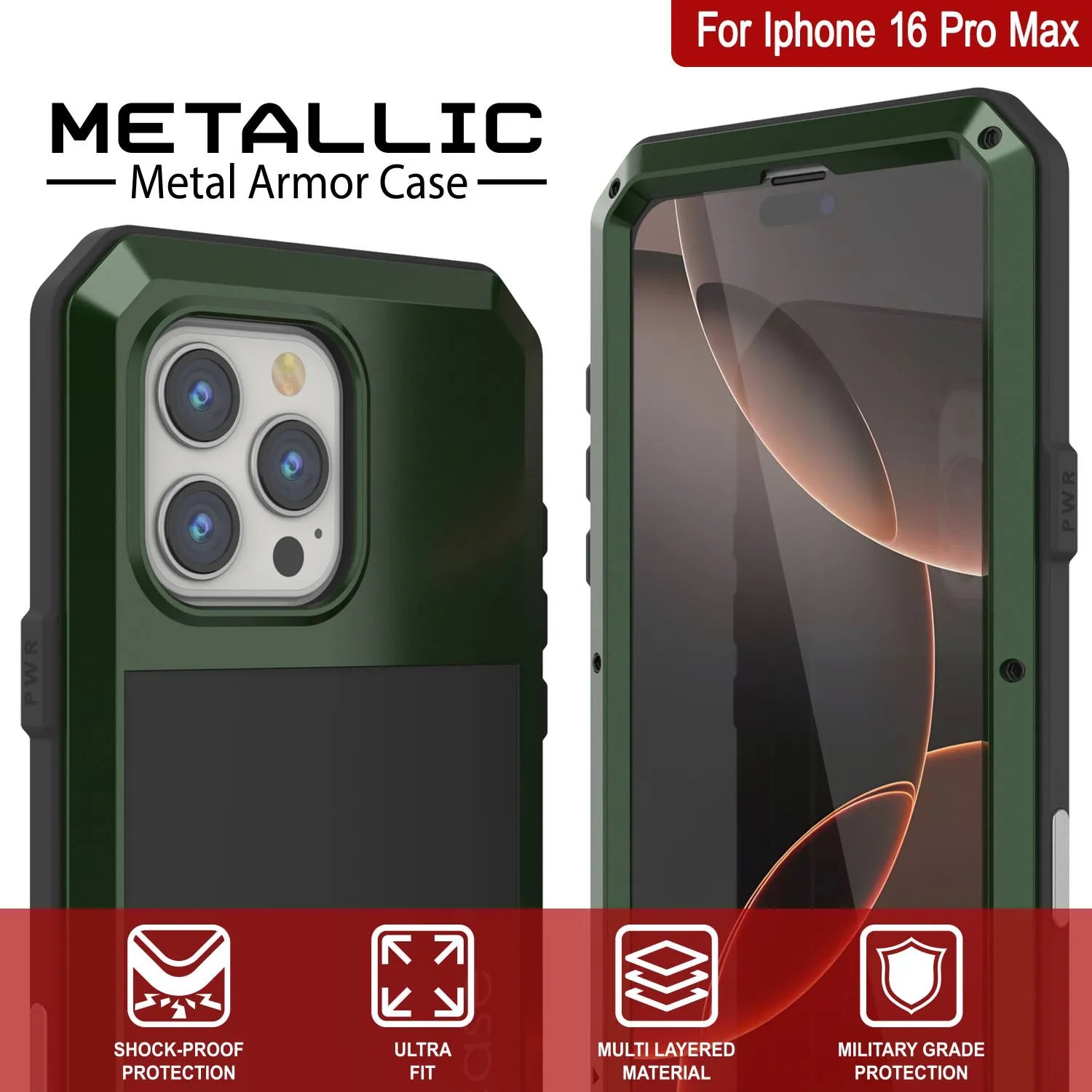 iPhone 16 Pro Max Metal Case, Heavy Duty Military Grade Armor Cover [shock proof] Full Body Hard [Dark Green]