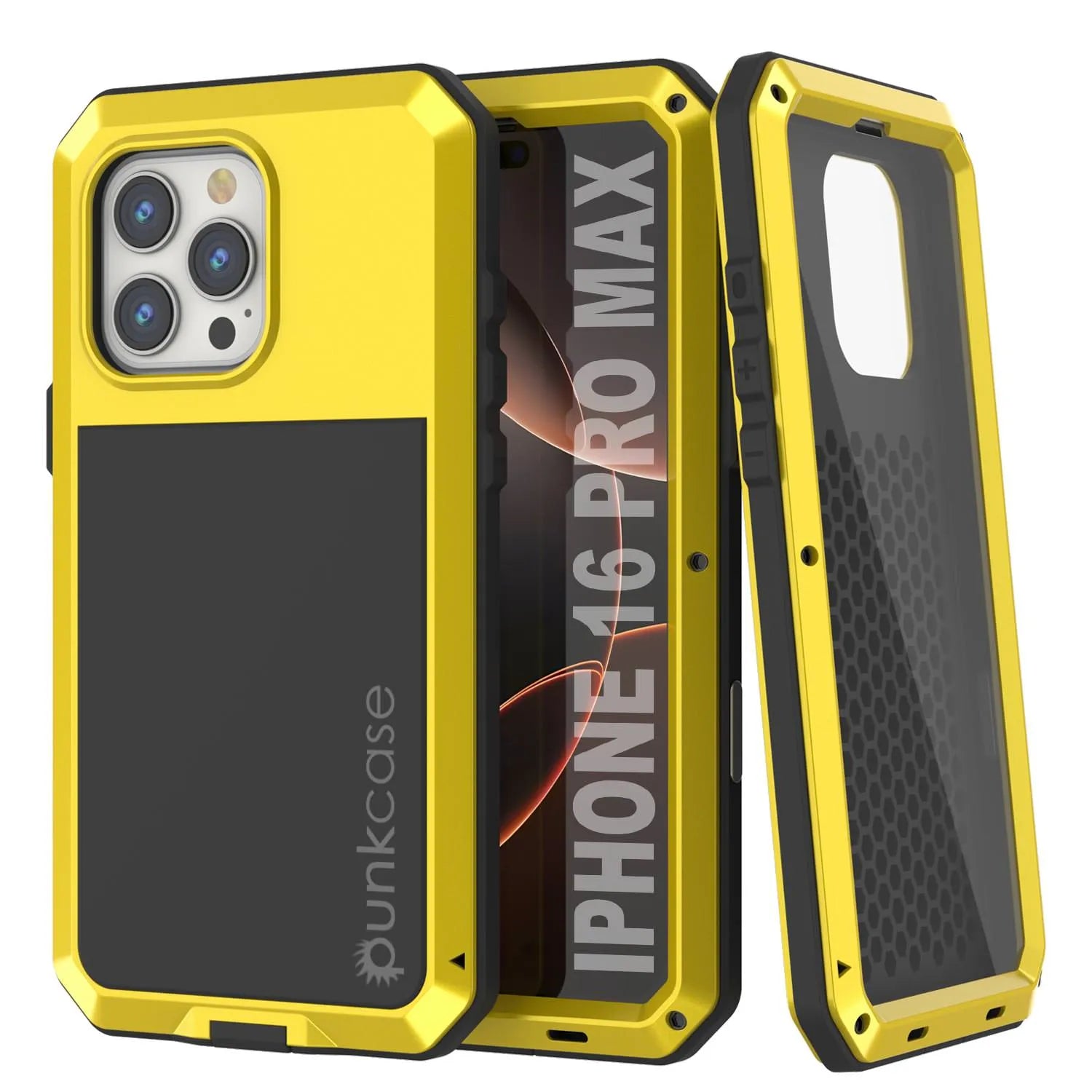 iPhone 16 Pro Max Metal Case, Heavy Duty Military Grade Armor Cover [shock proof] Full Body Hard [Yellow]