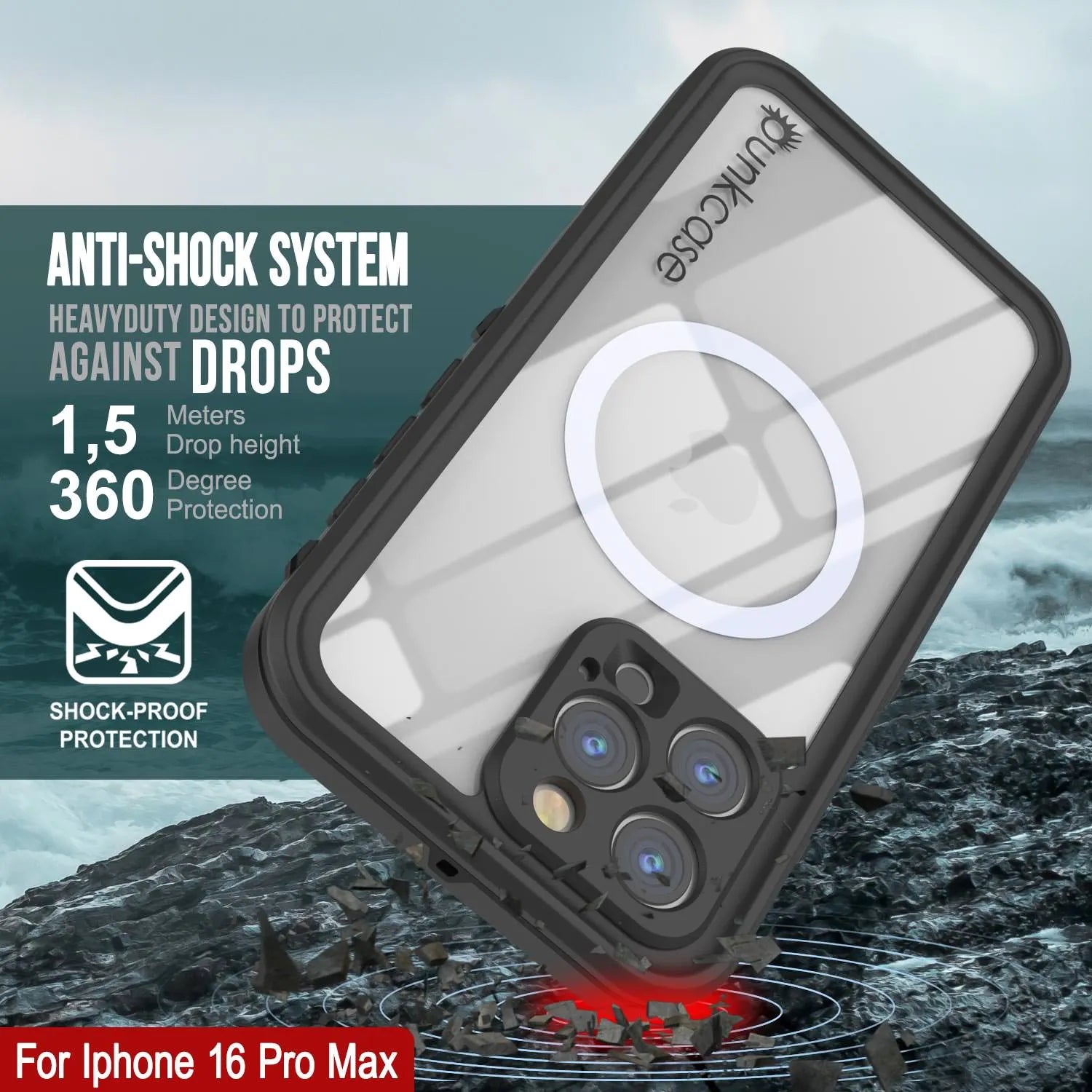 iPhone 16 Pro Max Waterproof Case, Punkcase SpikeStar Black Series | Thin Fit 6.6ft Underwater IP68