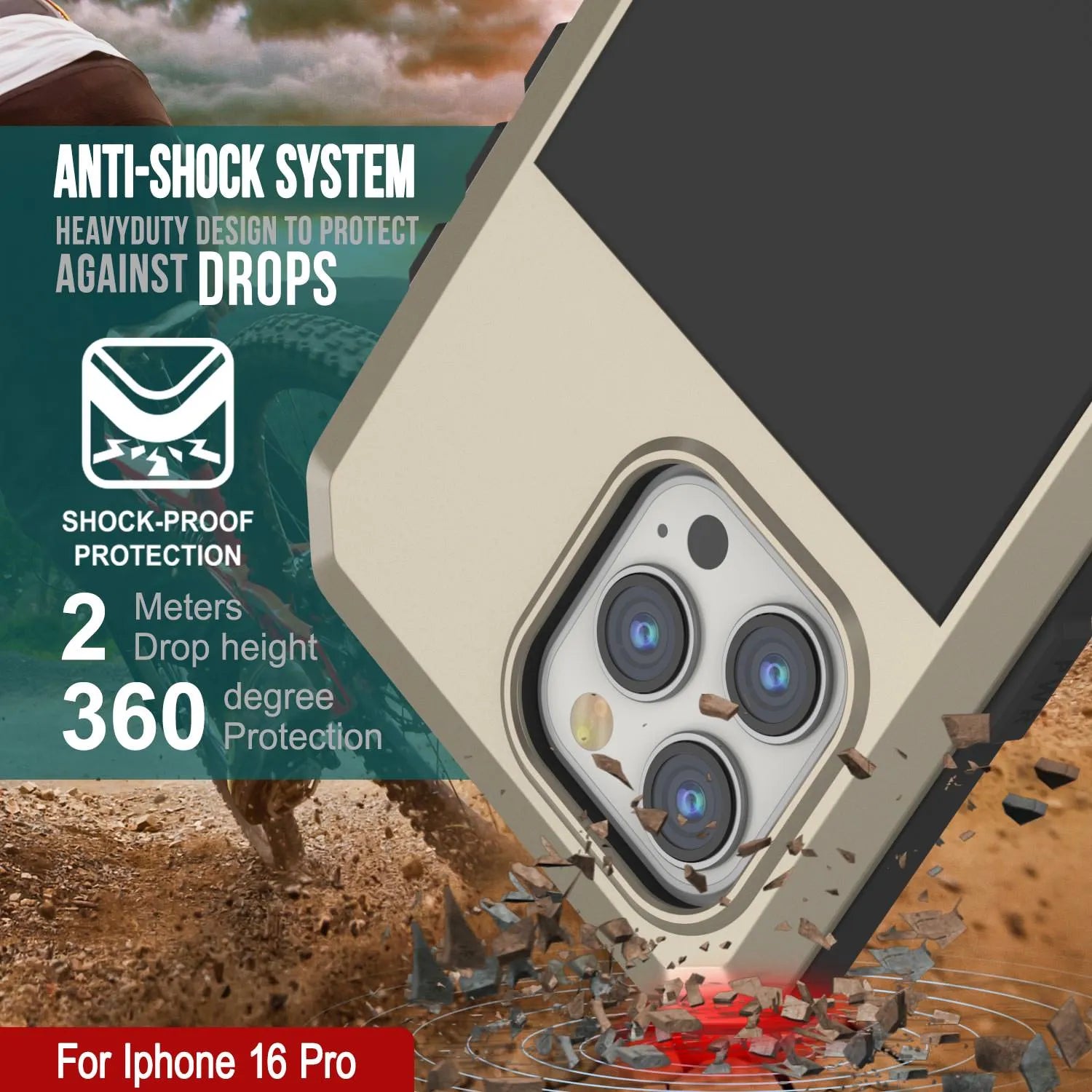 iPhone 16 Pro Metal Case, Heavy Duty Military Grade Armor Cover [shock proof] Full Body Hard [Gold]