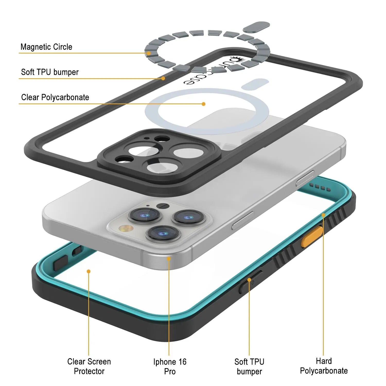 iPhone 16 Pro Waterproof Case, Punkcase [Extreme Mag Series] Armor Cover W/ Built In Screen Protector [Teal]