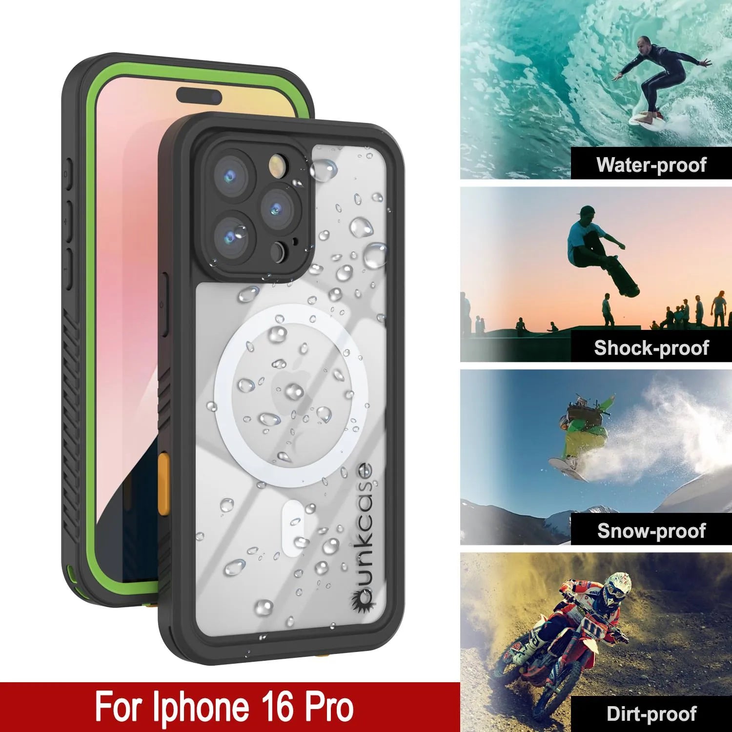 iPhone 16 Pro Waterproof Case, Punkcase [Extreme Mag Series] Armor Cover W/ Built In Screen Protector [Green]