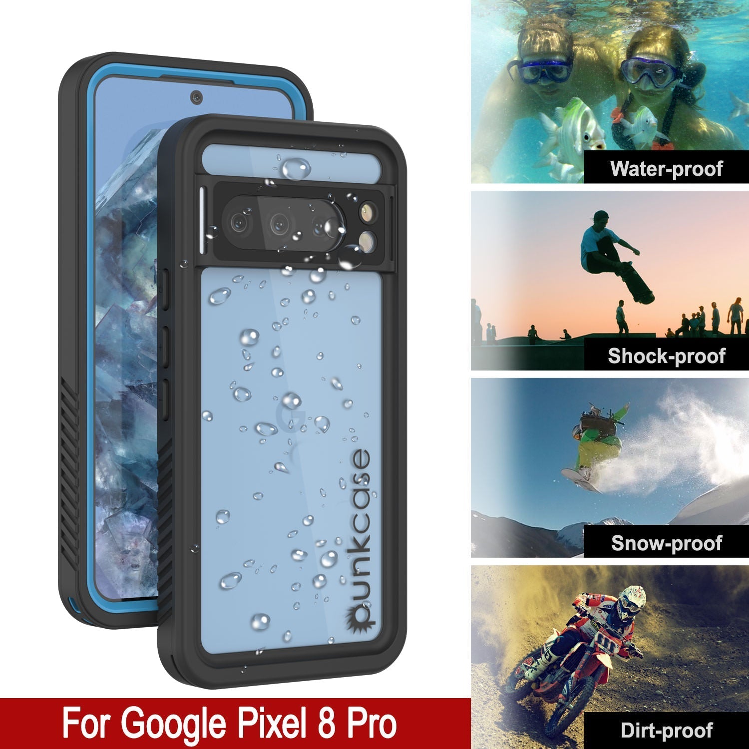 Google Pixel 9 Pro Waterproof Case, Punkcase [Extreme Series] Armor Cover W/ Built In Screen Protector [Light Blue]