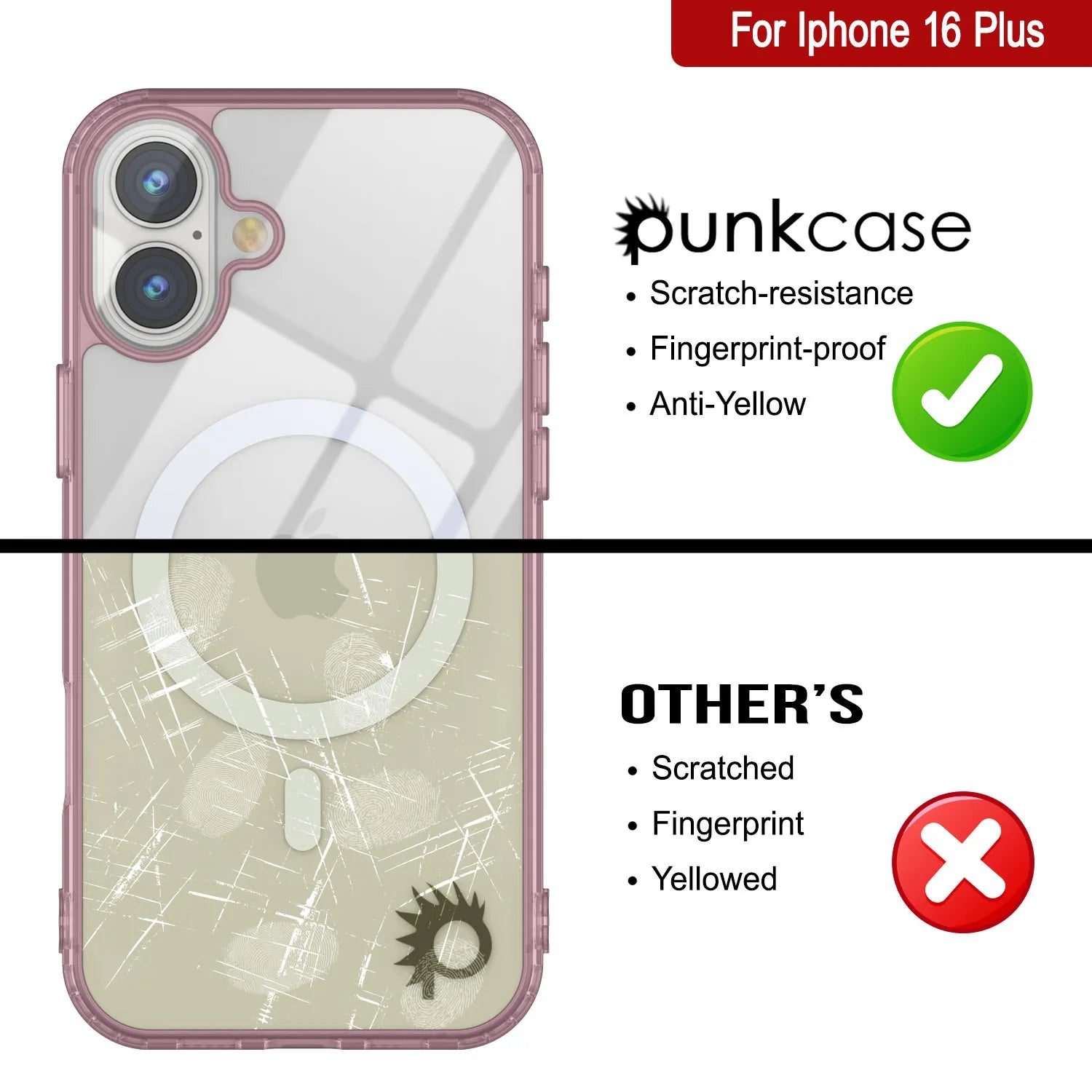 Punkcase iPhone 16 Plus Magnetic Wireless Charging Case [ClearMag Series][Rose]