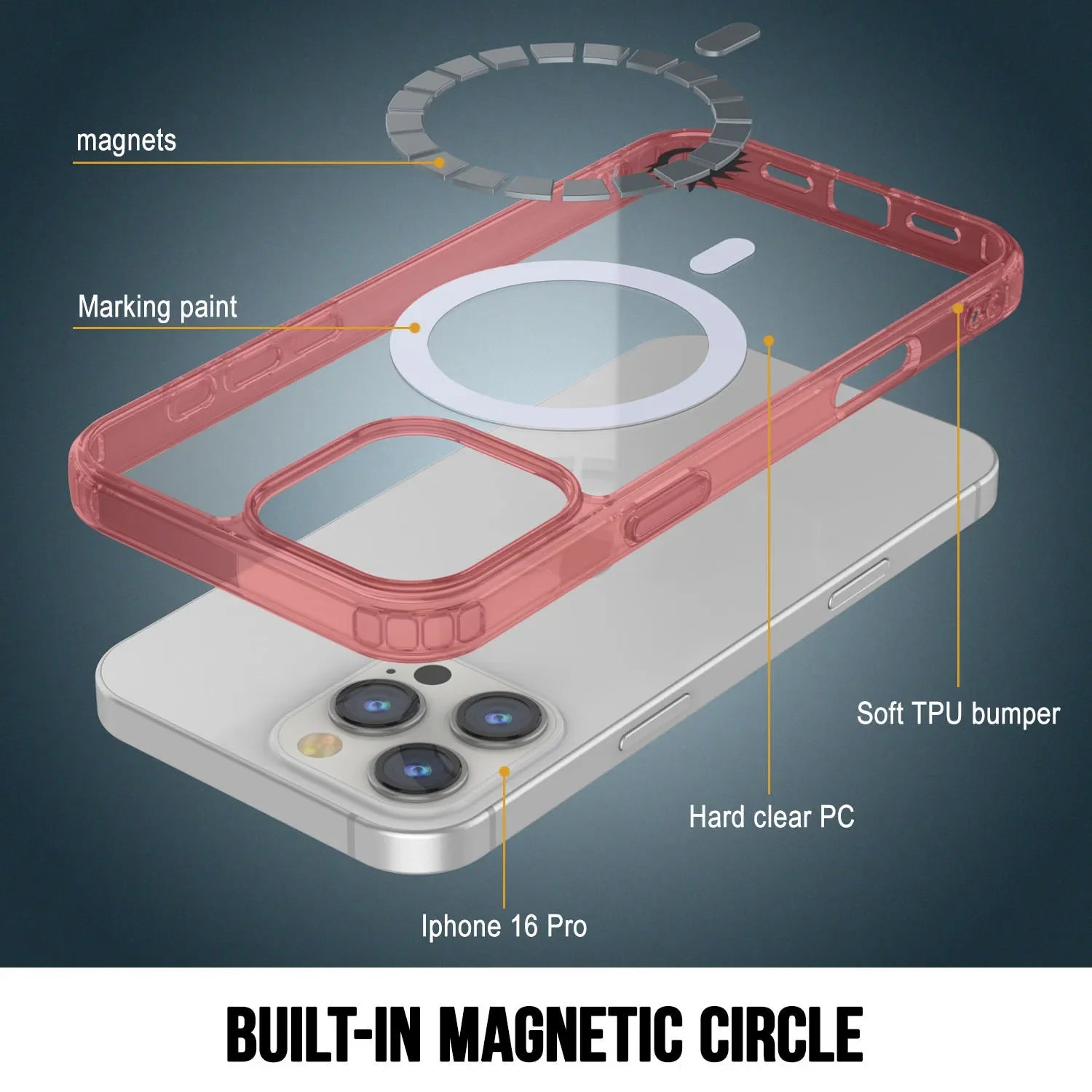 Punkcase iPhone 16 Pro Magnetic Wireless Charging Case [ClearMag Series][Red]