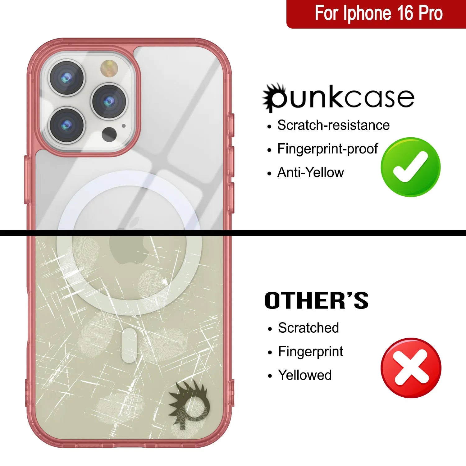 Punkcase iPhone 16 Pro Magnetic Wireless Charging Case [ClearMag Series][Red]