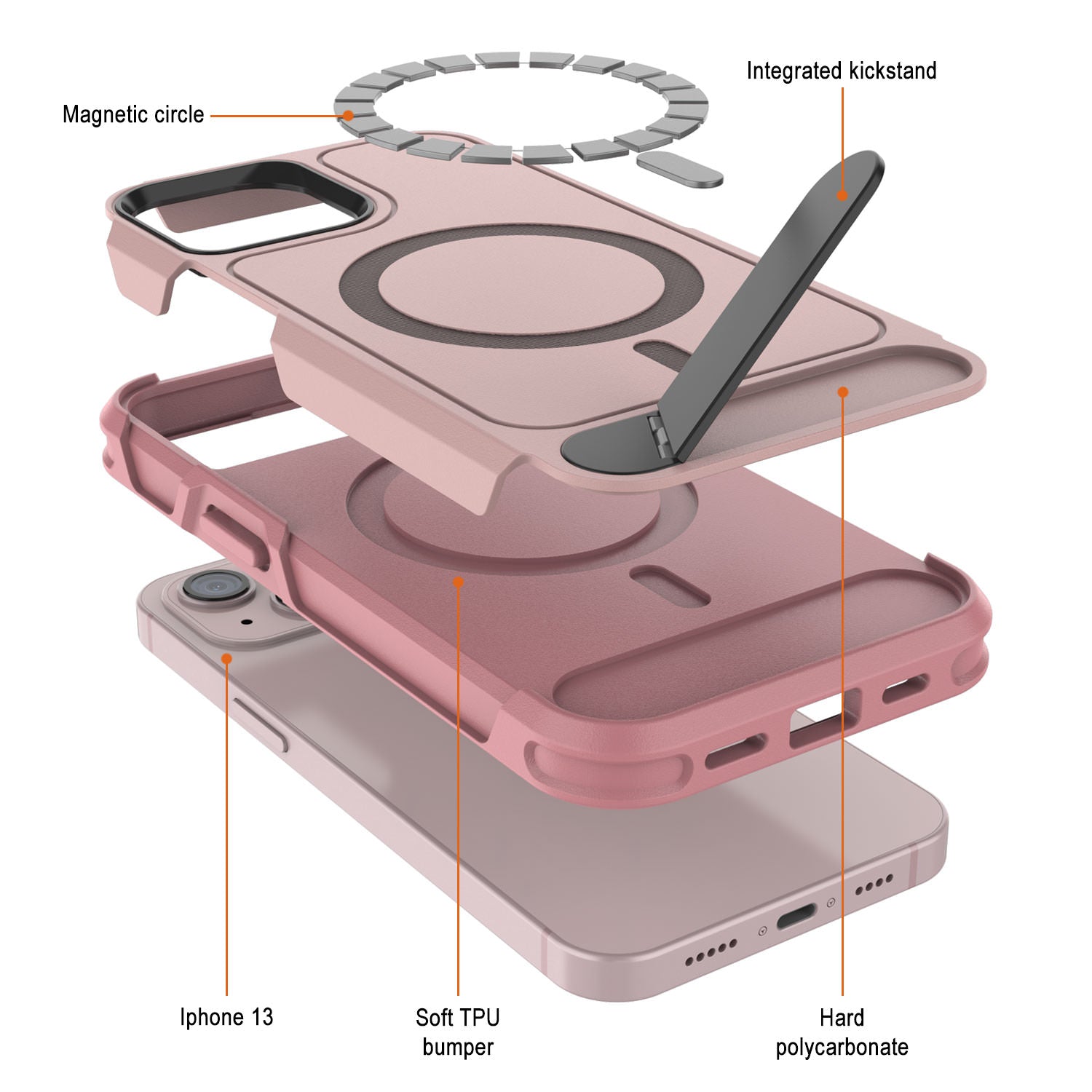 PunkCase iPhone 13 Case, [Spartan X Series] Rugged Heavy Duty Cover W/Kickstand+MagRing [pink]