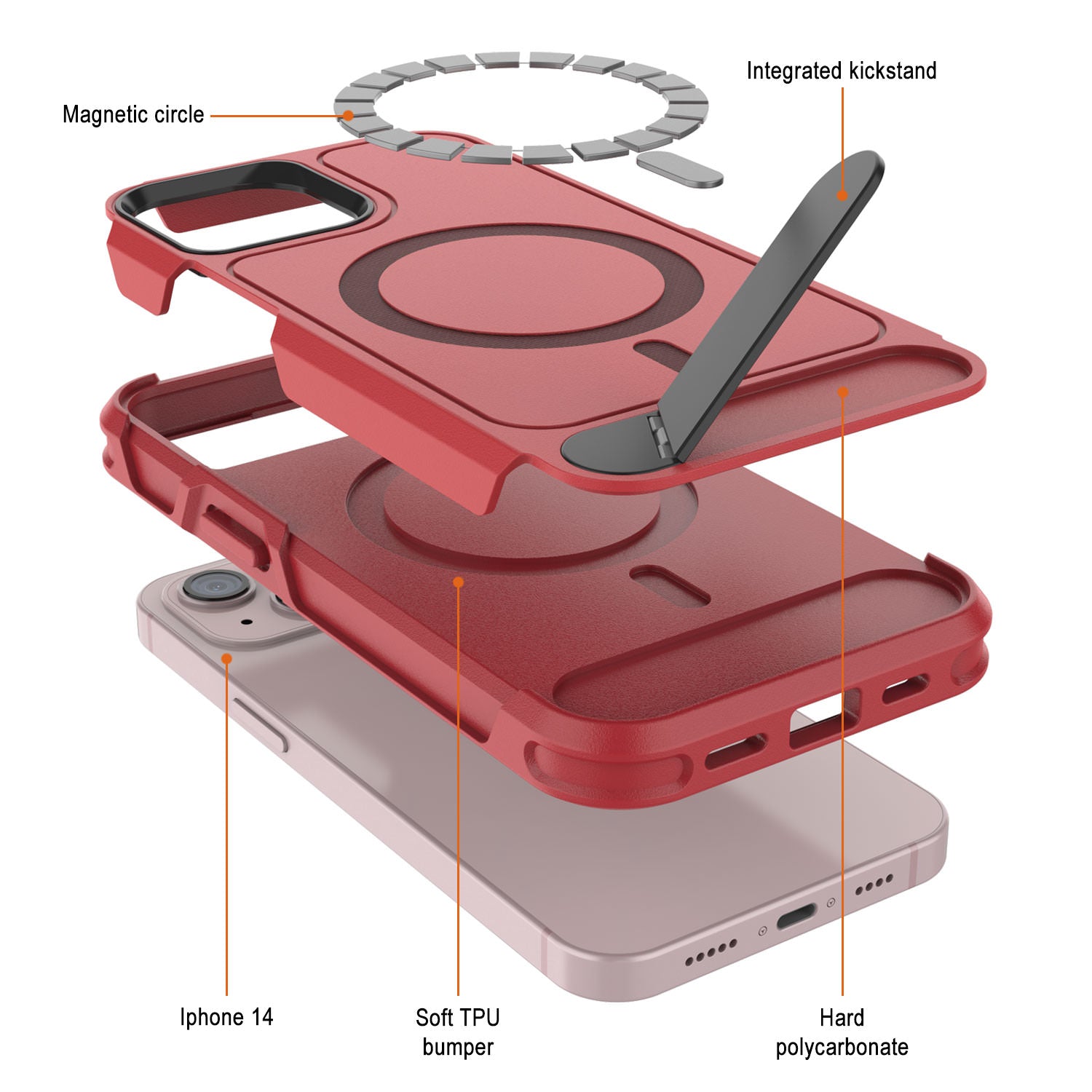 PunkCase iPhone 14 Case, [Spartan X Series] Rugged Heavy Duty Cover W/Kickstand+MagRing [red]