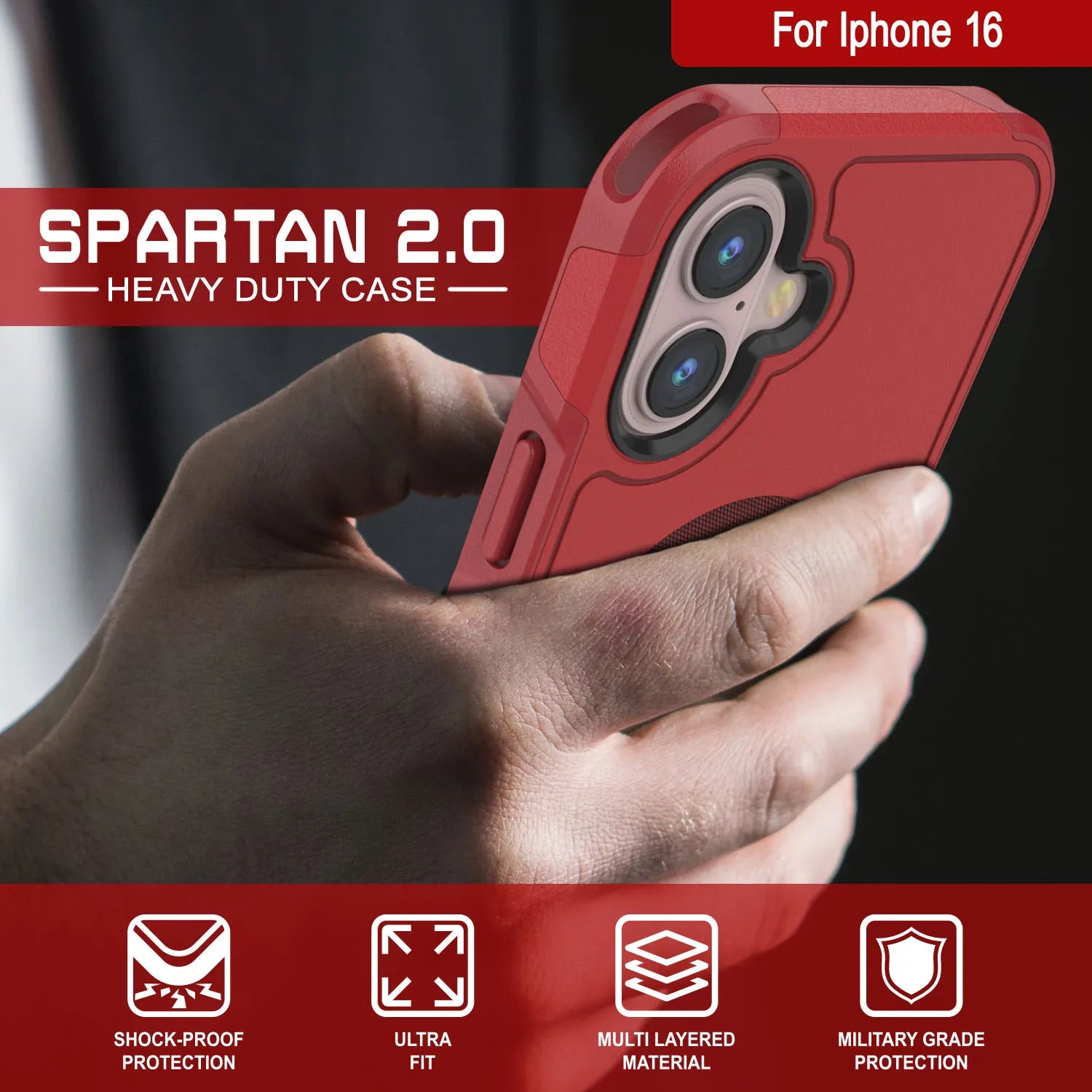 PunkCase iPhone 16 Case, [Spartan 2.0 Series] Clear Rugged Heavy Duty Cover W/Built in Screen Protector [red]