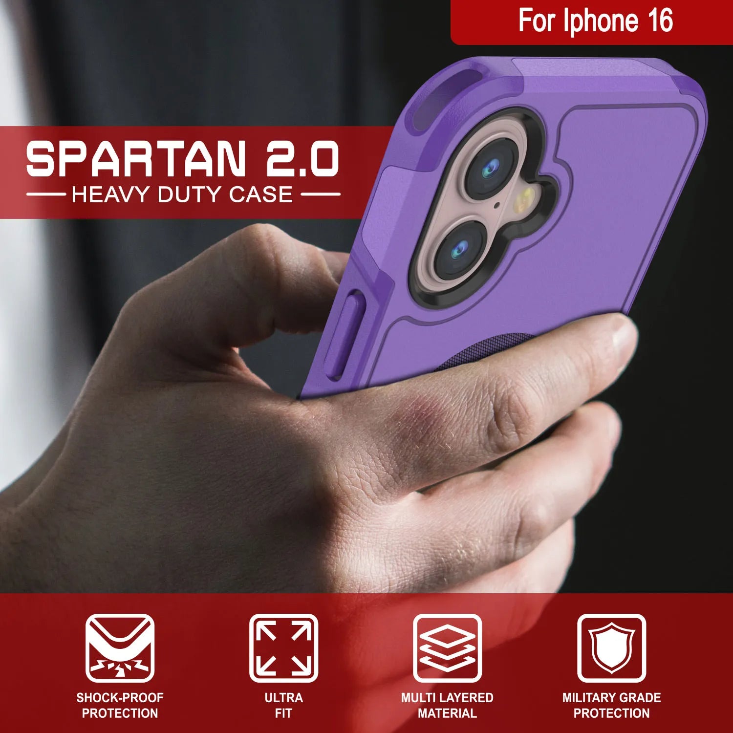 PunkCase iPhone 16 Case, [Spartan 2.0 Series] Clear Rugged Heavy Duty Cover W/Built in Screen Protector [purple]