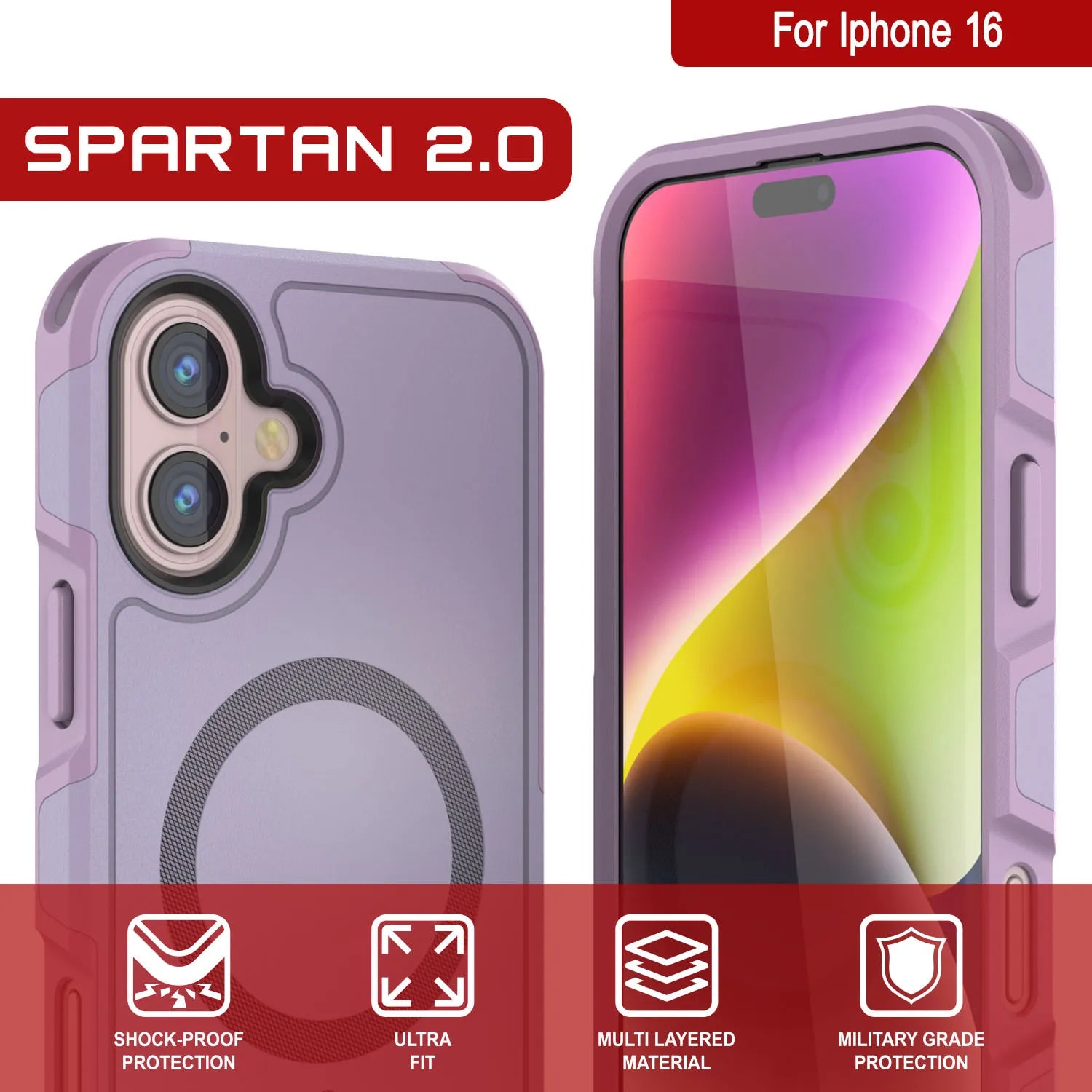 PunkCase iPhone 16 Case, [Spartan 2.0 Series] Clear Rugged Heavy Duty Cover W/Built in Screen Protector [lilac]