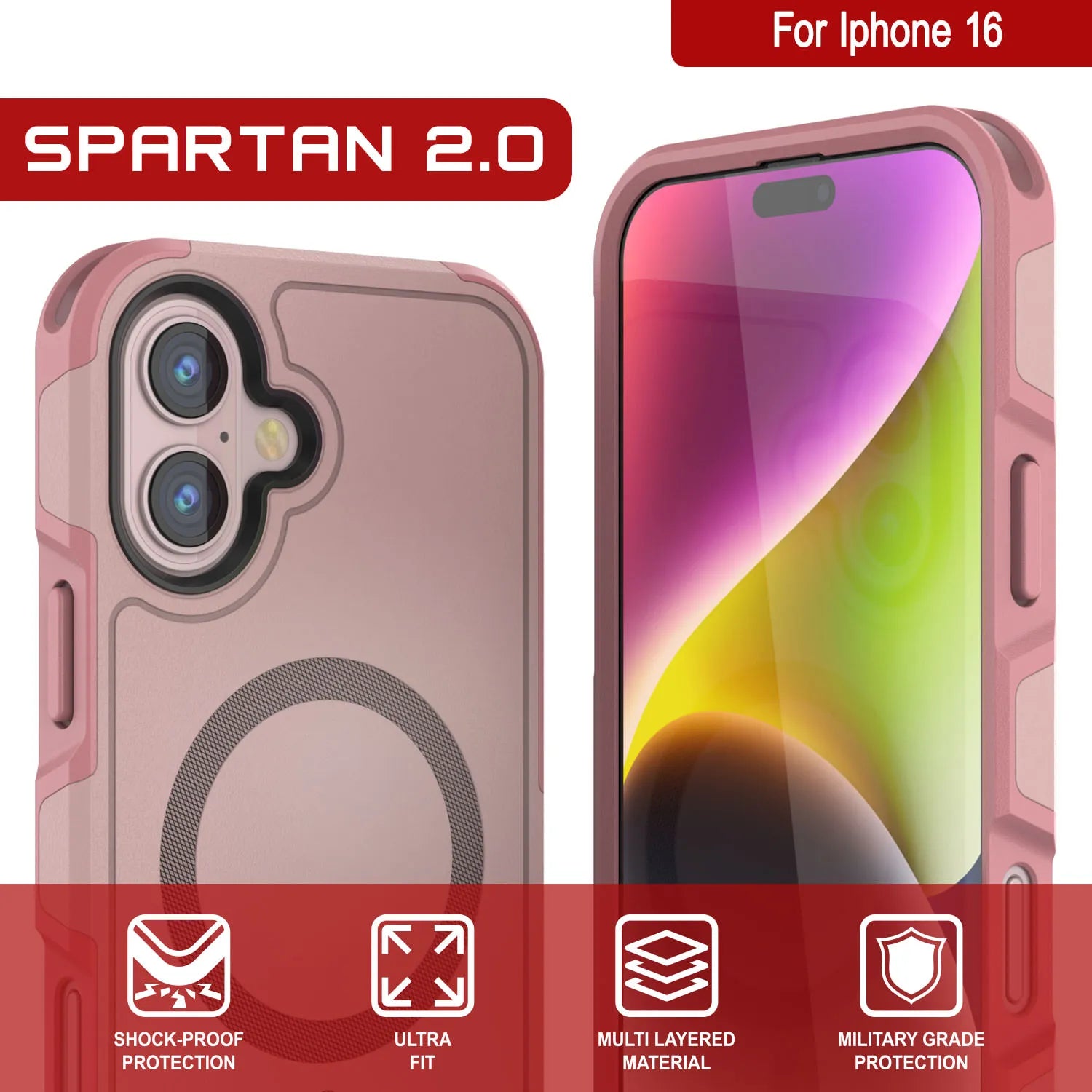 PunkCase iPhone 16 Case, [Spartan 2.0 Series] Clear Rugged Heavy Duty Cover W/Built in Screen Protector [pink]