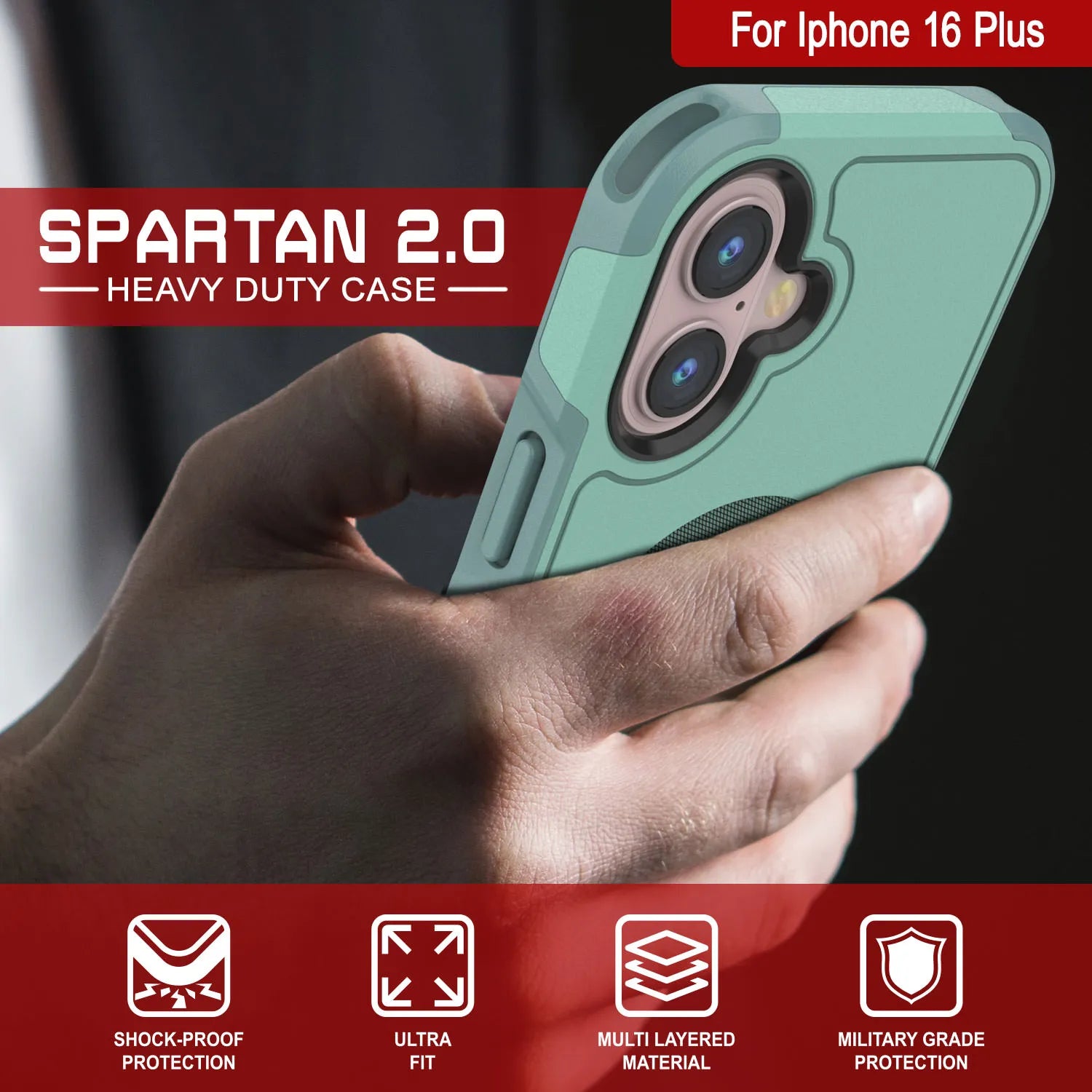 PunkCase iPhone 16 Plus Case, [Spartan 2.0 Series] Clear Rugged Heavy Duty Cover W/Built in Screen Protector [teal]