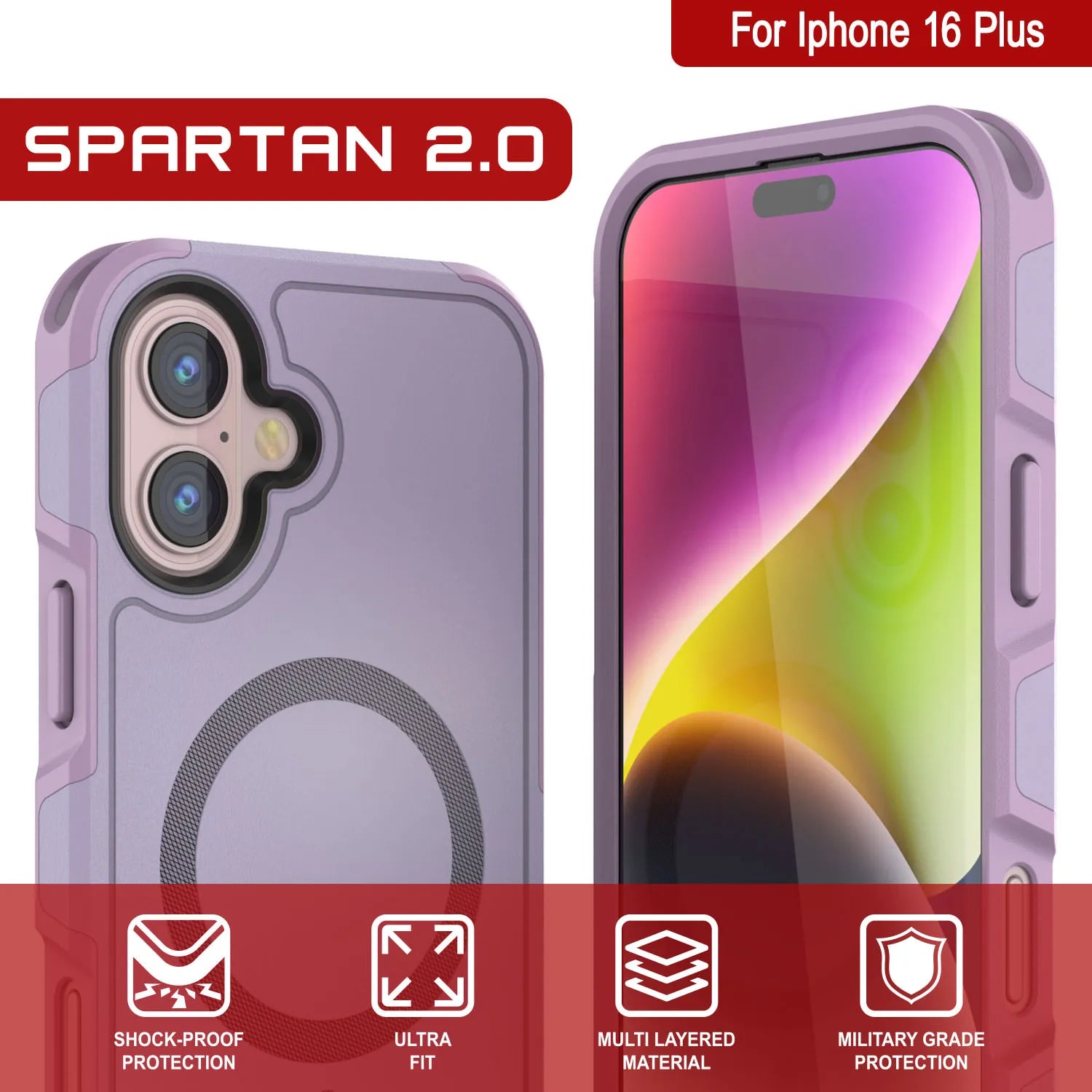 PunkCase iPhone 16 Plus Case, [Spartan 2.0 Series] Clear Rugged Heavy Duty Cover W/Built in Screen Protector [lilac]