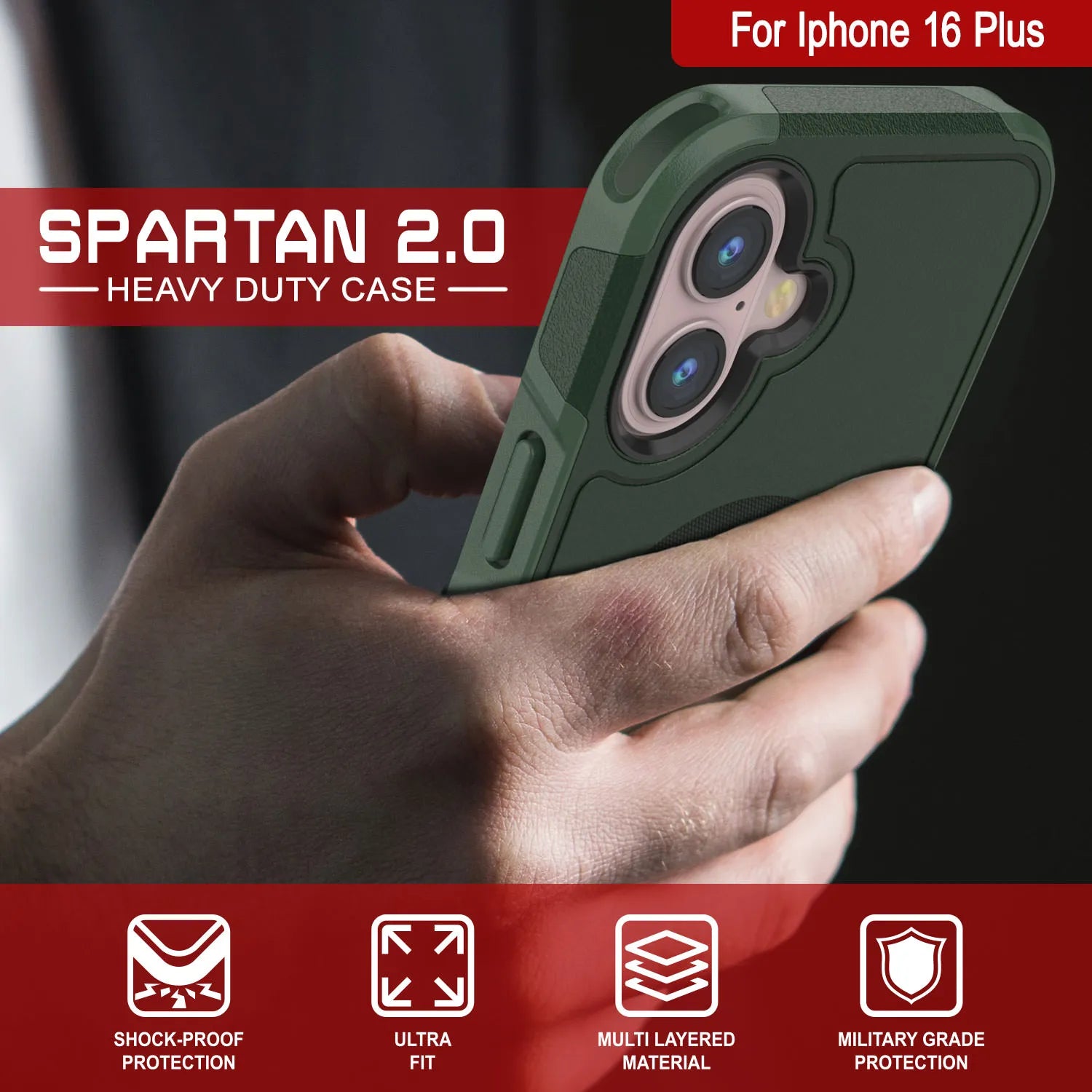 PunkCase iPhone 16 Plus Case, [Spartan 2.0 Series] Clear Rugged Heavy Duty Cover W/Built in Screen Protector [dark green]