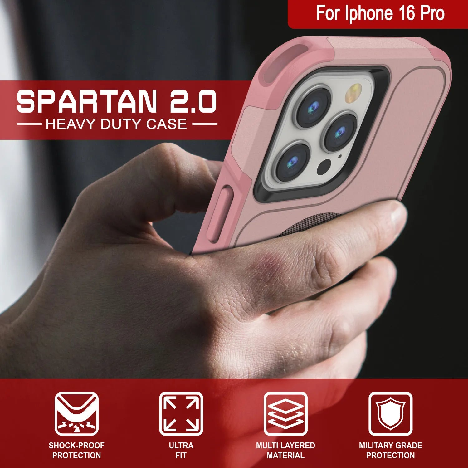 PunkCase iPhone 16 Pro Case, [Spartan 2.0 Series] Clear Rugged Heavy Duty Cover W/Built in Screen Protector [pink]