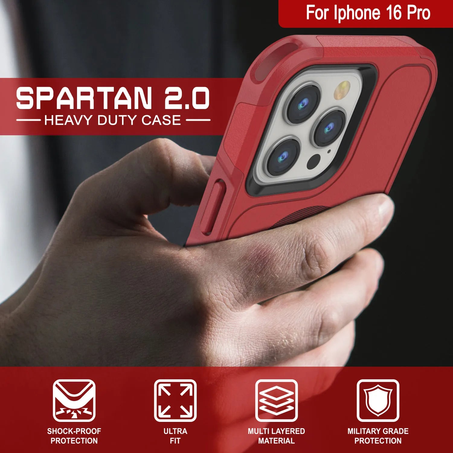 PunkCase iPhone 16 Pro Case, [Spartan 2.0 Series] Clear Rugged Heavy Duty Cover W/Built in Screen Protector [red]