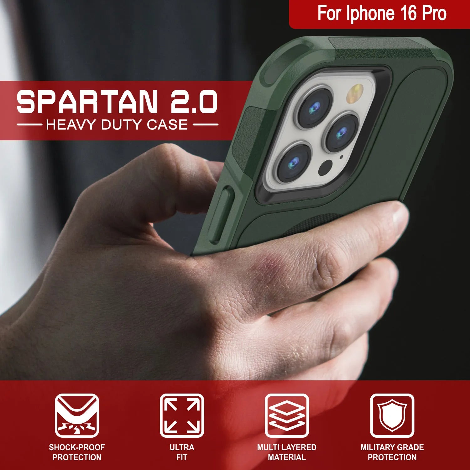 PunkCase iPhone 16 Pro Case, [Spartan 2.0 Series] Clear Rugged Heavy Duty Cover W/Built in Screen Protector [dark green]