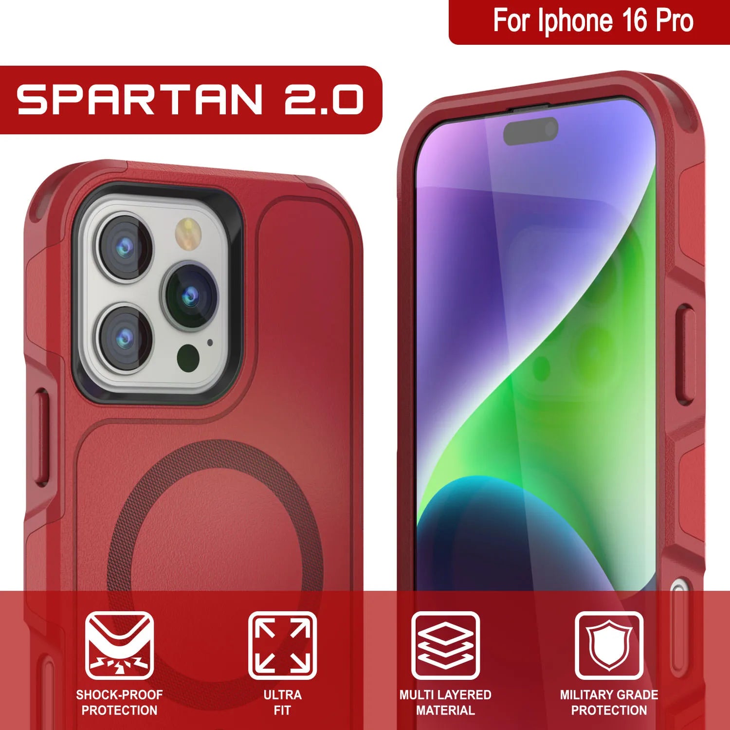 PunkCase iPhone 16 Pro Case, [Spartan 2.0 Series] Clear Rugged Heavy Duty Cover W/Built in Screen Protector [red]