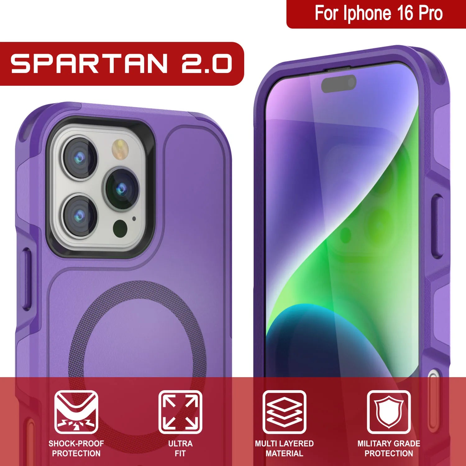 PunkCase iPhone 16 Pro Case, [Spartan 2.0 Series] Clear Rugged Heavy Duty Cover W/Built in Screen Protector [purple]