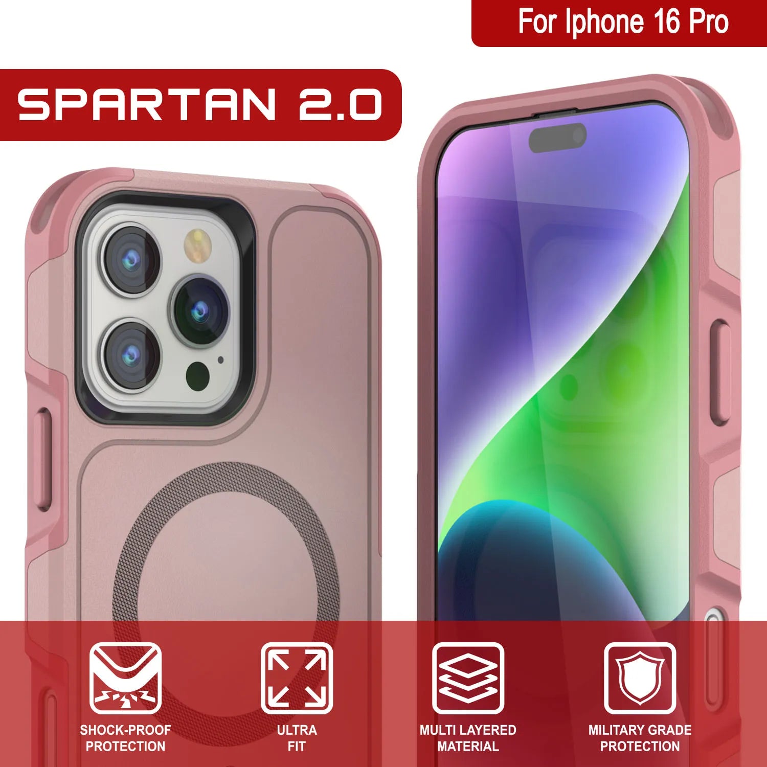 PunkCase iPhone 16 Pro Case, [Spartan 2.0 Series] Clear Rugged Heavy Duty Cover W/Built in Screen Protector [pink]