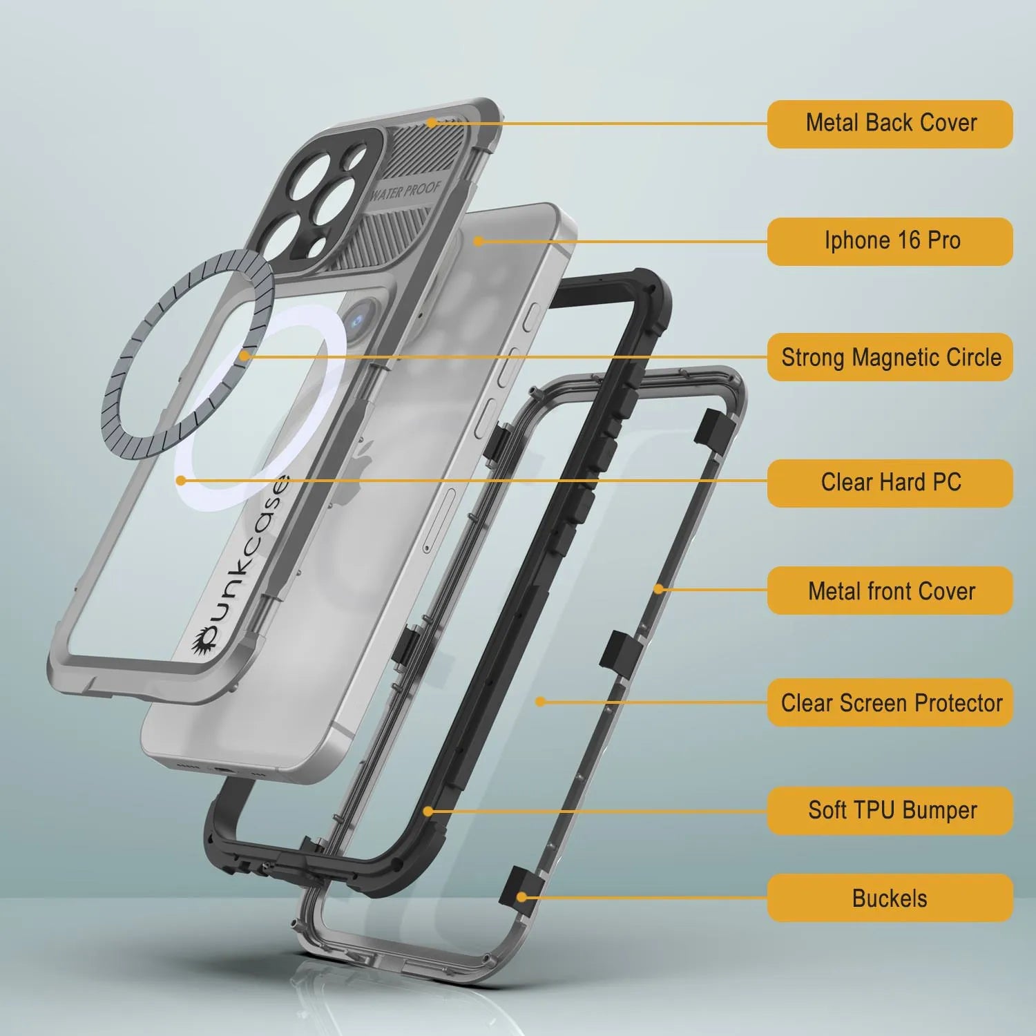 iPhone 16 Pro Metal Extreme 2.0 Series Aluminum Waterproof Case IP68 W/Buillt in Screen Protector [Silver]