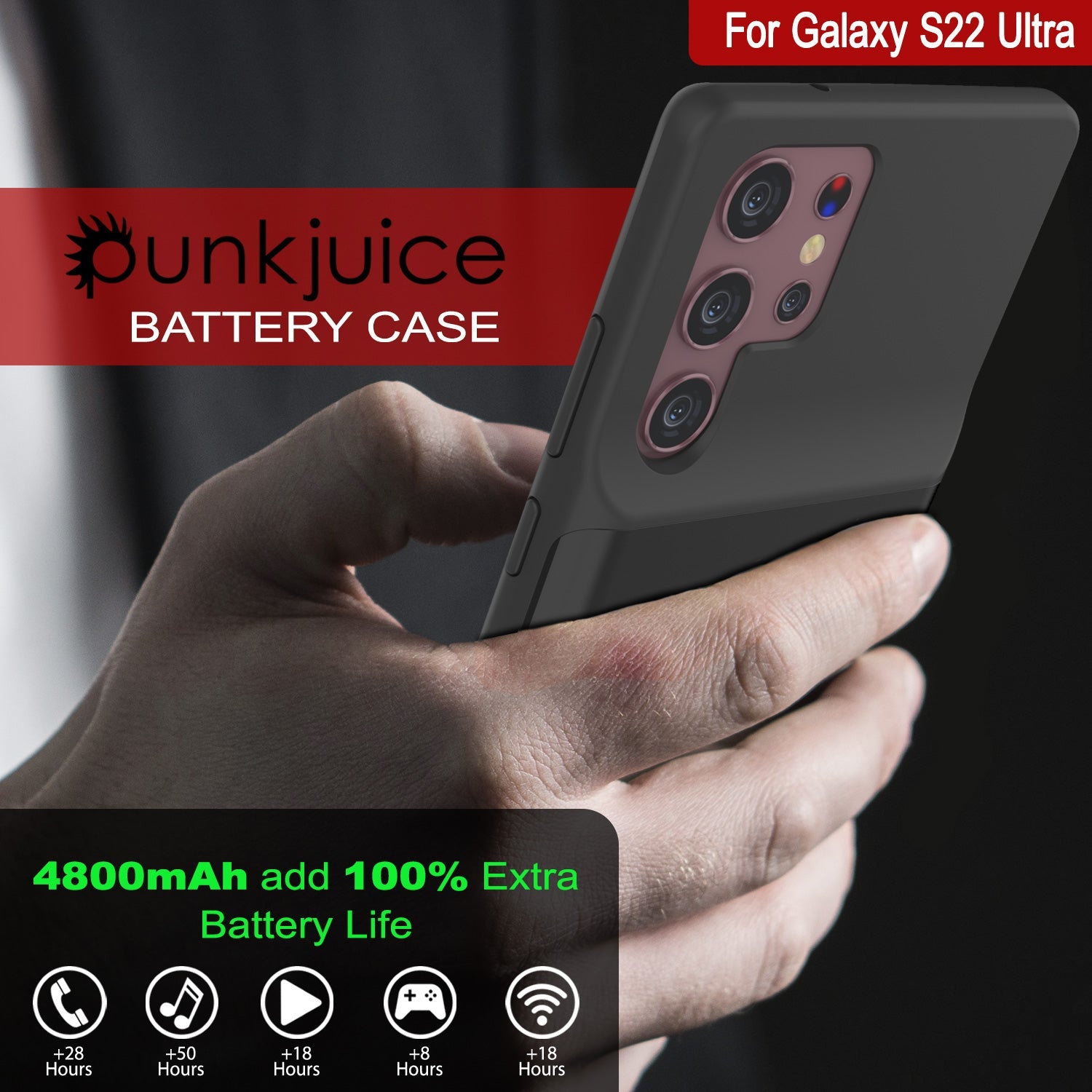 PunkJuice S22 Ultra Battery Case Black - Portable Charging Power Juice Bank with 4800mAh