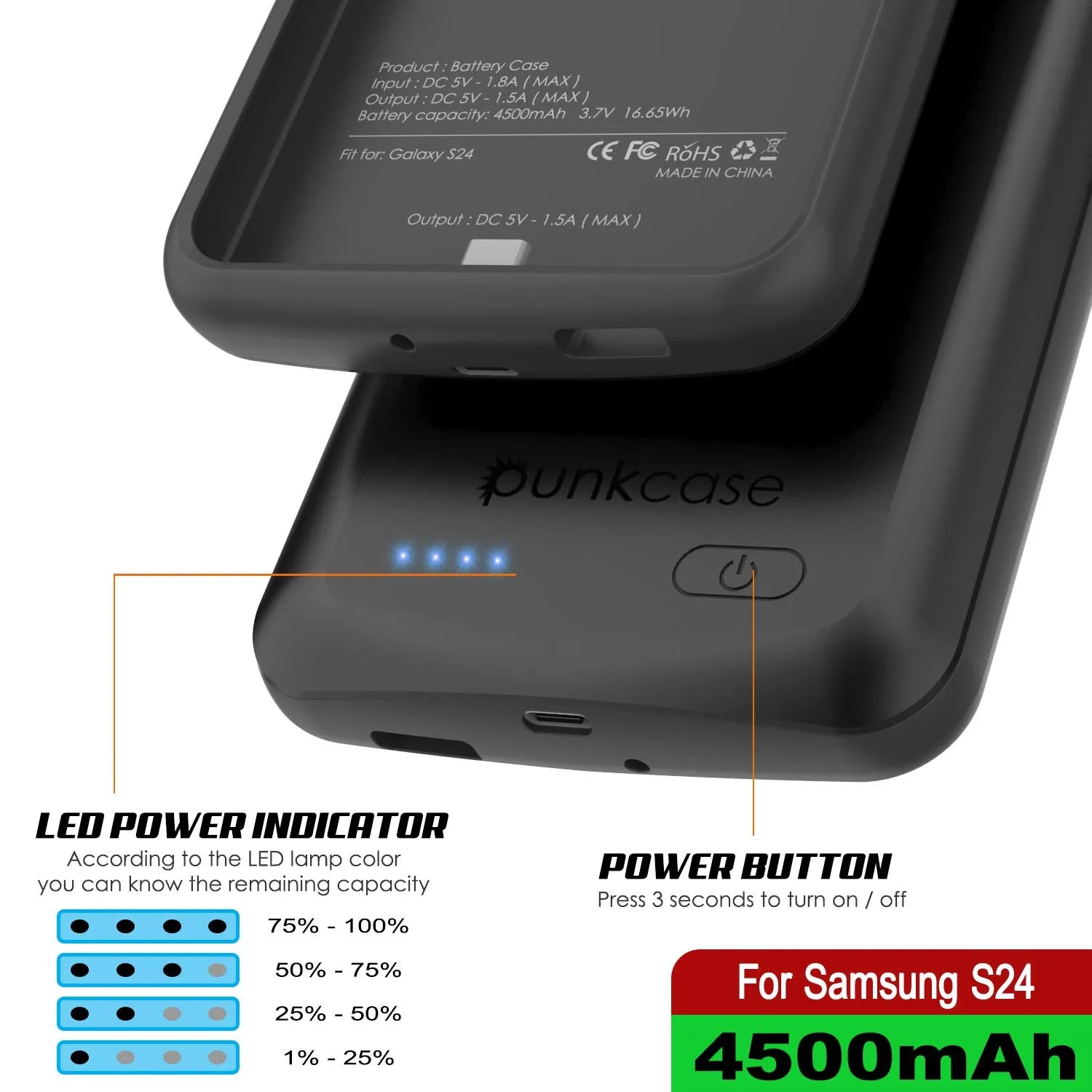 PunkJuice S24 Battery Case Black - Portable Charging Power Juice Bank with 4500mAh