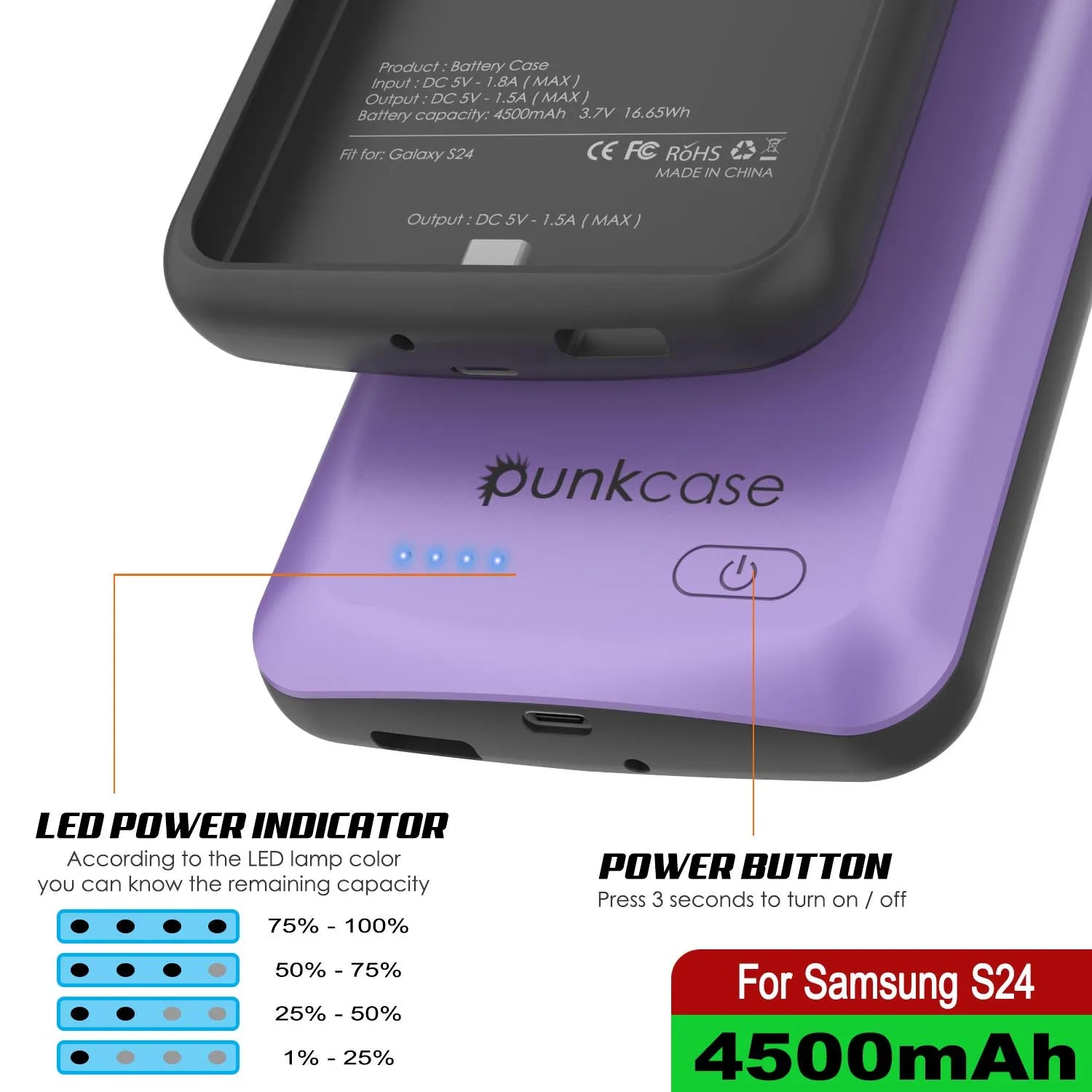 PunkJuice S24 Battery Case Purple - Portable Charging Power Juice Bank with 4500mAh