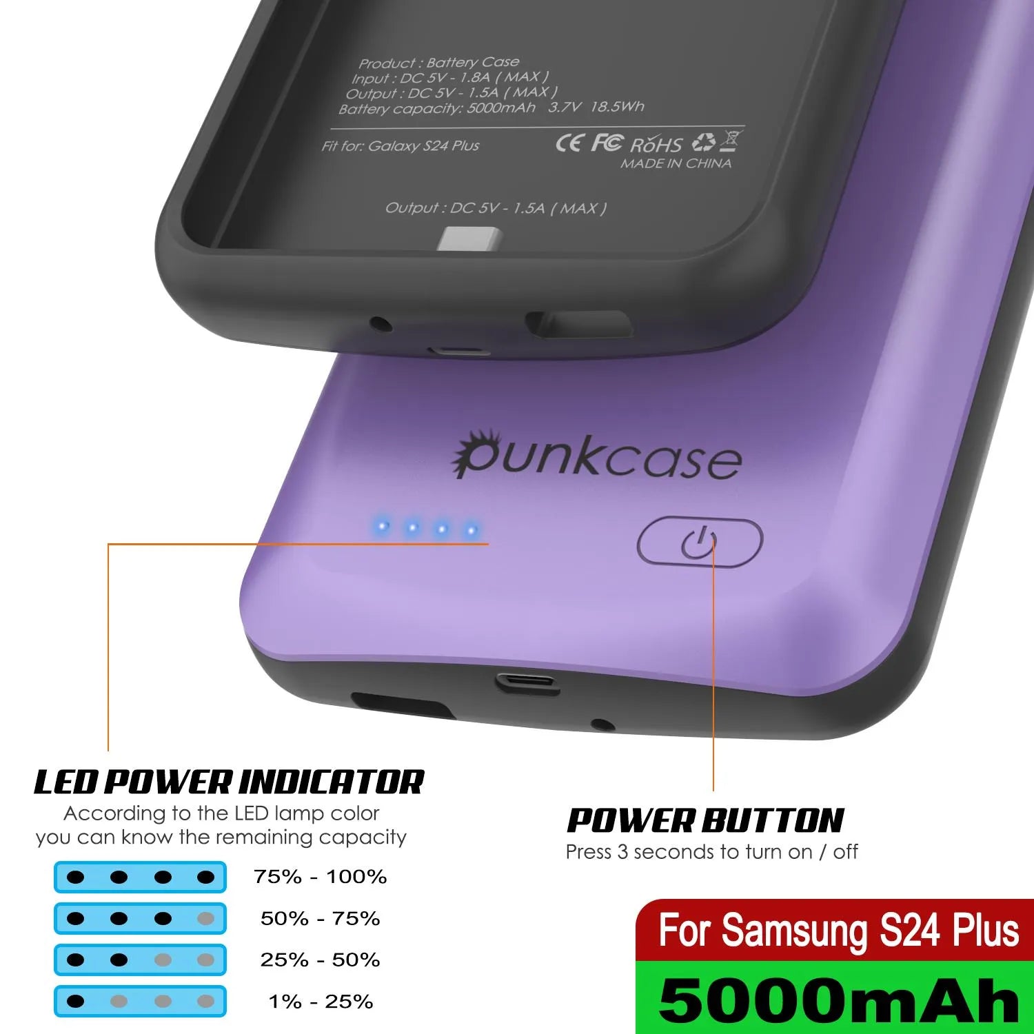 PunkJuice S24+ Plus Battery Case Purple - Portable Charging Power Juice Bank with 5000mAh