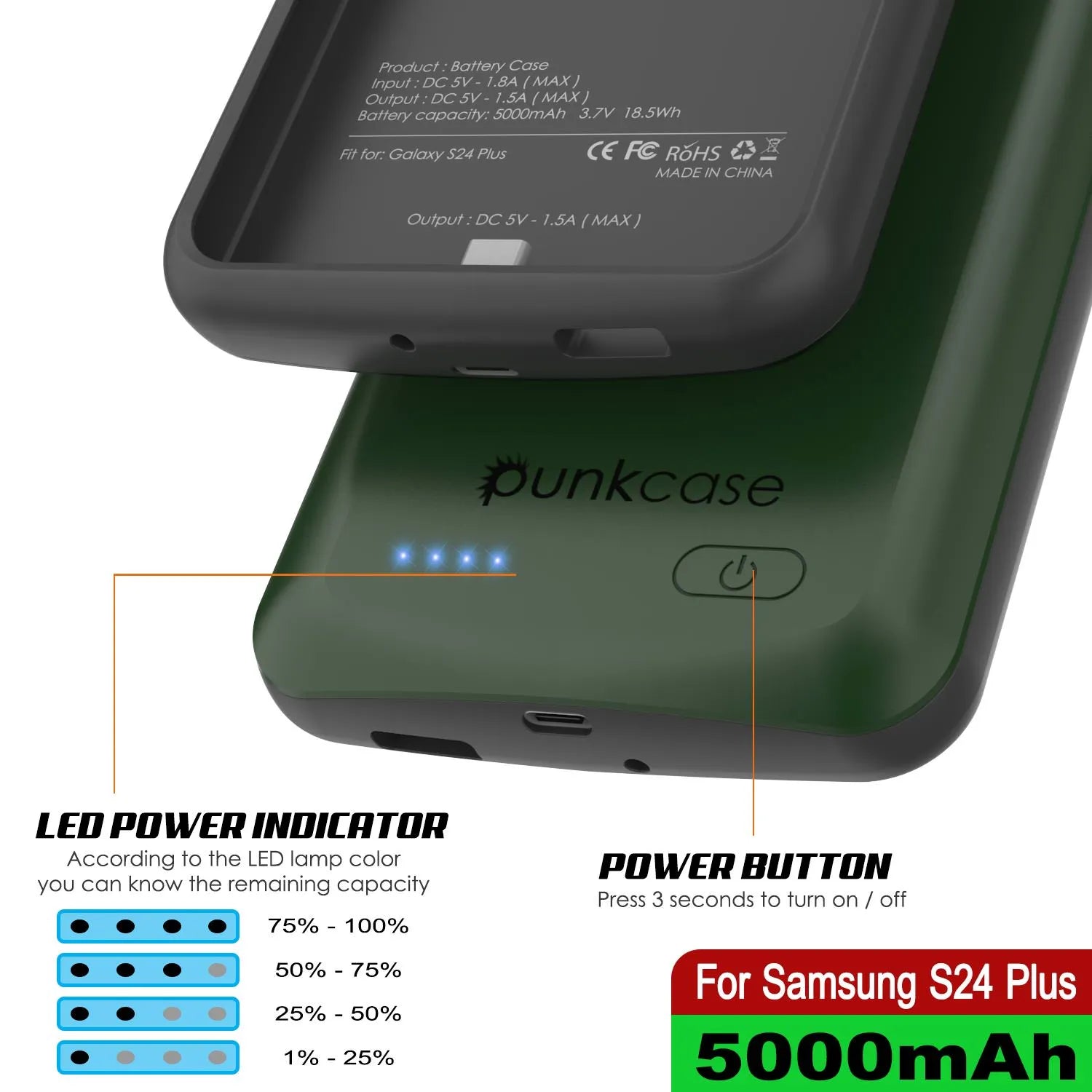 PunkJuice S24+ Plus Battery Case Green - Portable Charging Power Juice Bank with 5000mAh