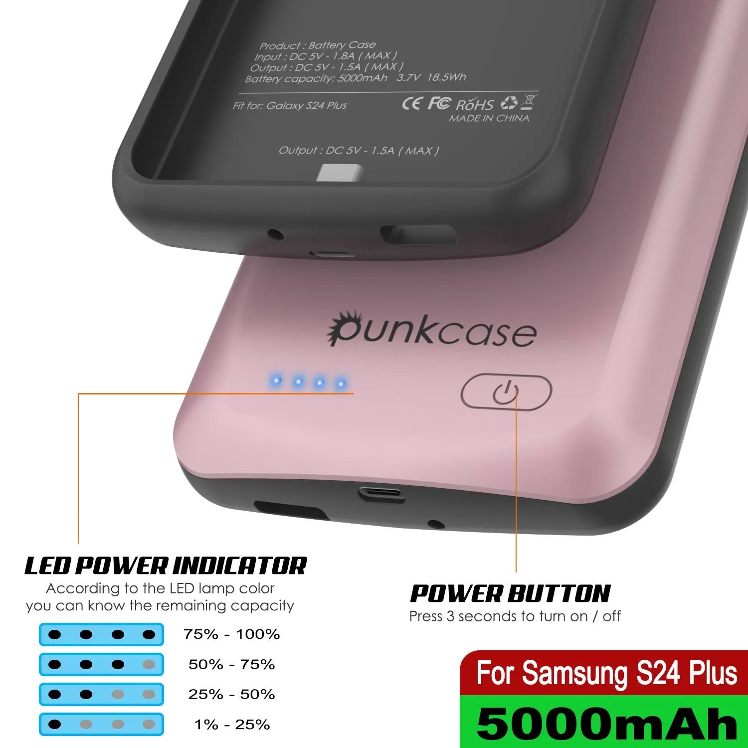 PunkJuice S24+ Plus Battery Case Rose-Gold - Portable Charging Power Juice Bank with 5000mAh