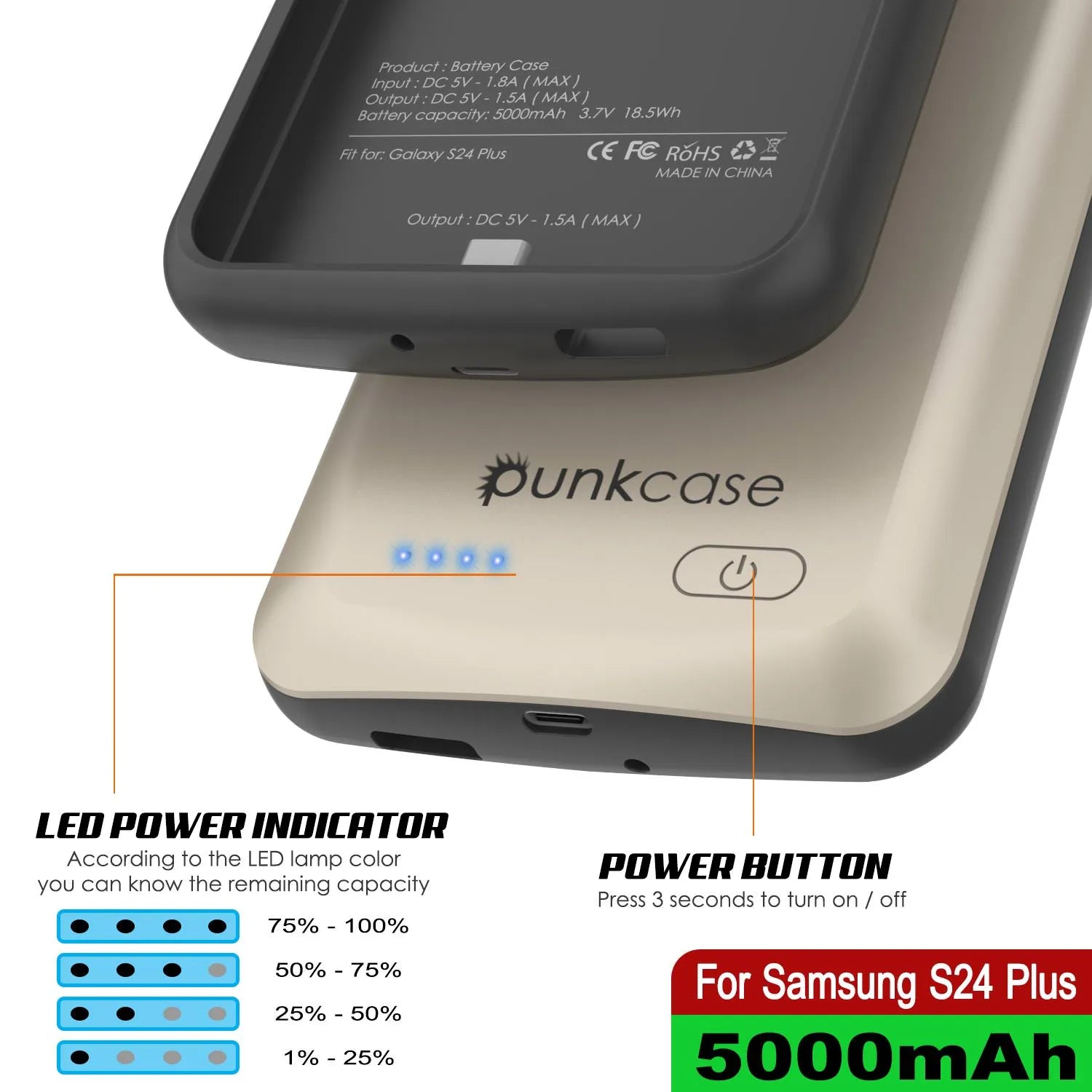 PunkJuice S24+ Plus Battery Case Silver - Portable Charging Power Juice Bank with 5000mAh