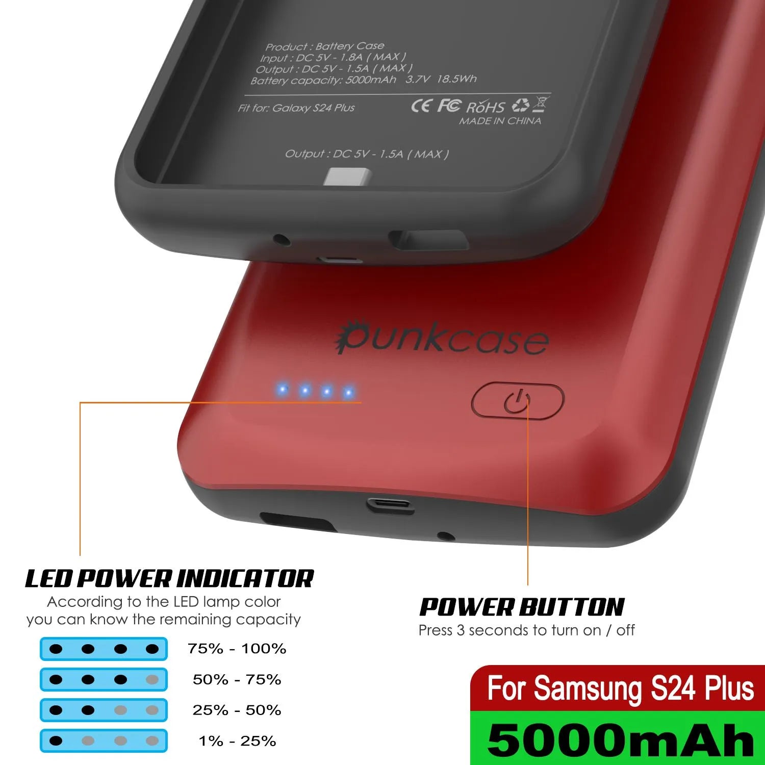 PunkJuice S24+ Plus Battery Case Red - Portable Charging Power Juice Bank with 5000mAh