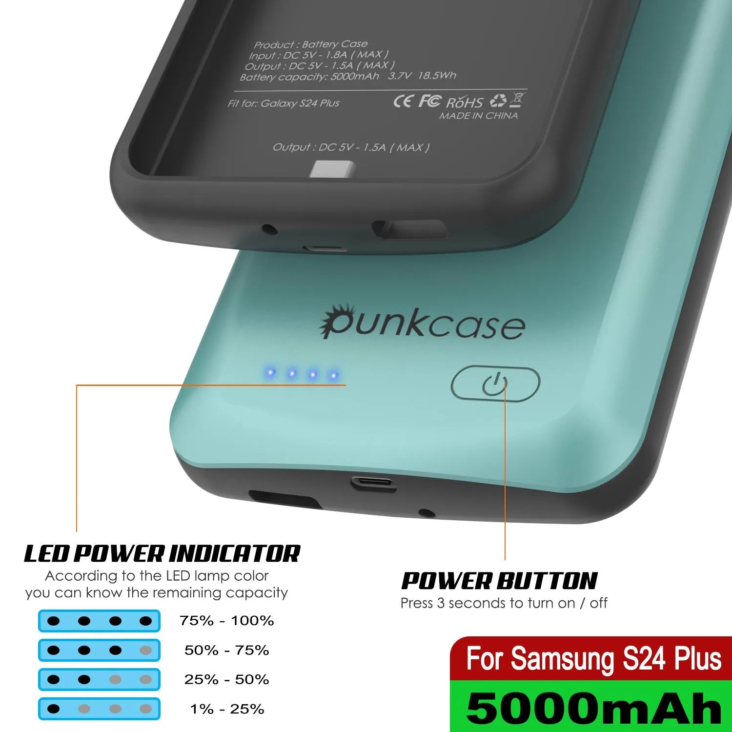 PunkJuice S24+ Plus Battery Case Teal - Portable Charging Power Juice Bank with 5000mAh