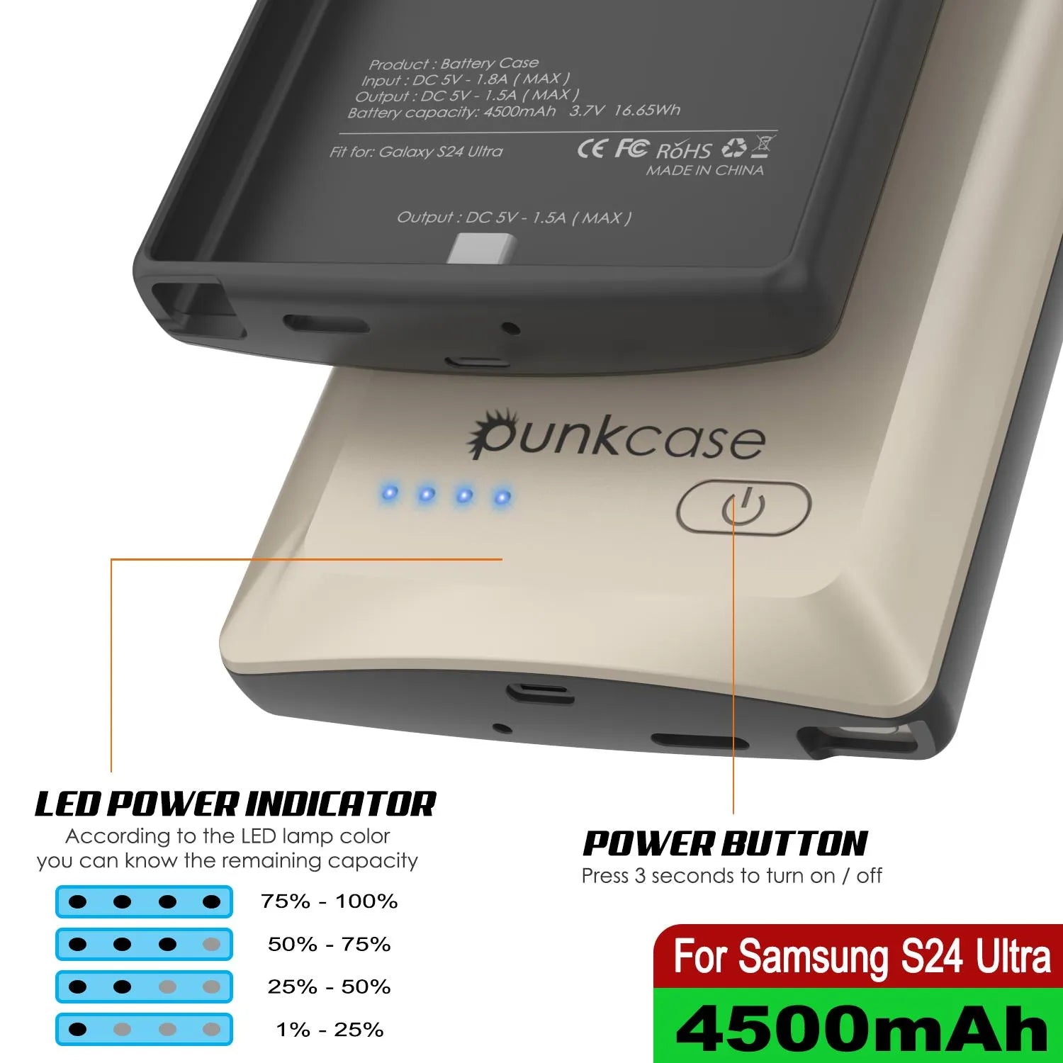 PunkJuice S24 Ultra Battery Case Silver - Portable Charging Power Juice Bank with 4500mAh